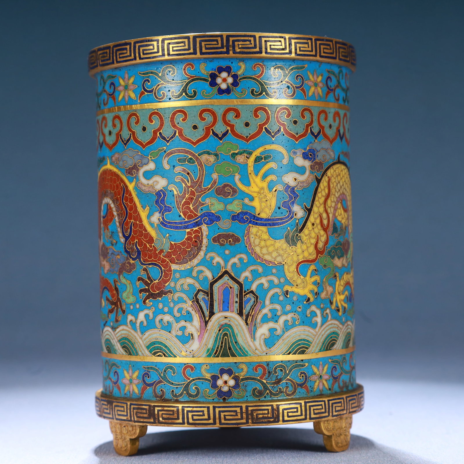 An Exquisite Cloisonne Seawater,Auspicious Cloud and Dragon Pattern Tripod Brush Pot - 3