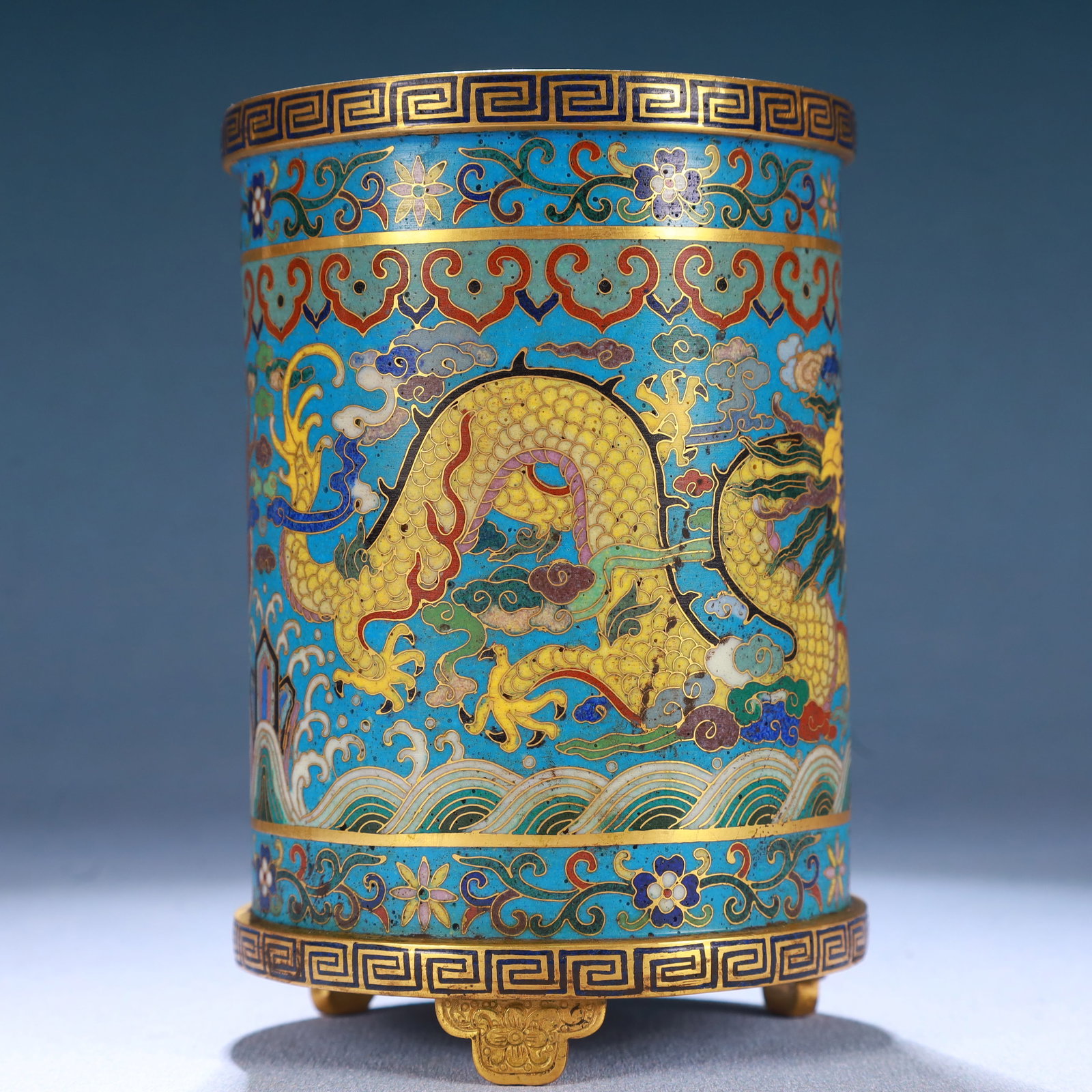 An Exquisite Cloisonne Seawater,Auspicious Cloud and Dragon Pattern Tripod Brush Pot - 4
