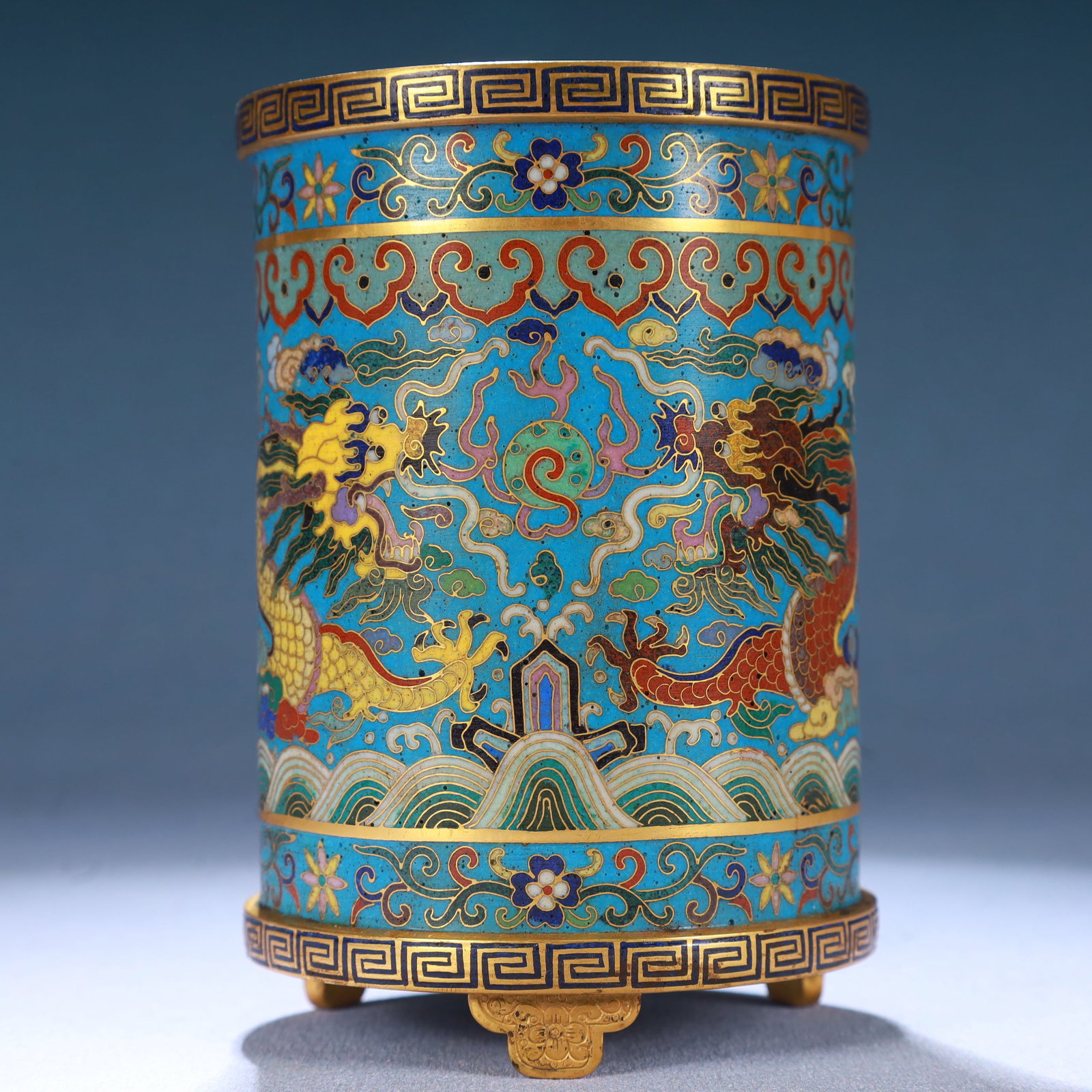 An Exquisite Cloisonne Seawater,Auspicious Cloud and Dragon Pattern Tripod Brush Pot - 5