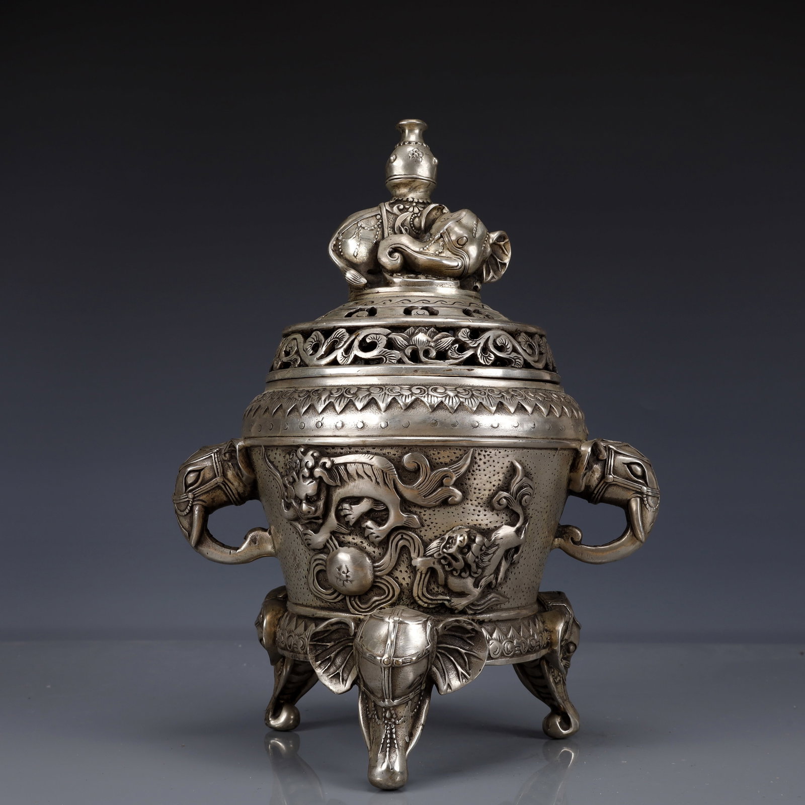 An Exquisite Silver-Plated Bronze Auspicious Beast Pattern Double-Ears and Tripod Censer (1 of 11)