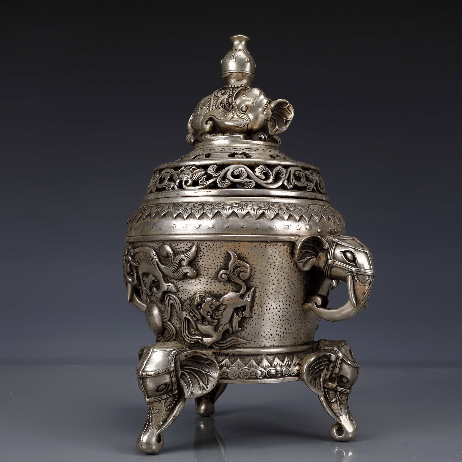 An Exquisite Silver-Plated Bronze Auspicious Beast Pattern Double-Ears and Tripod Censer - 4
