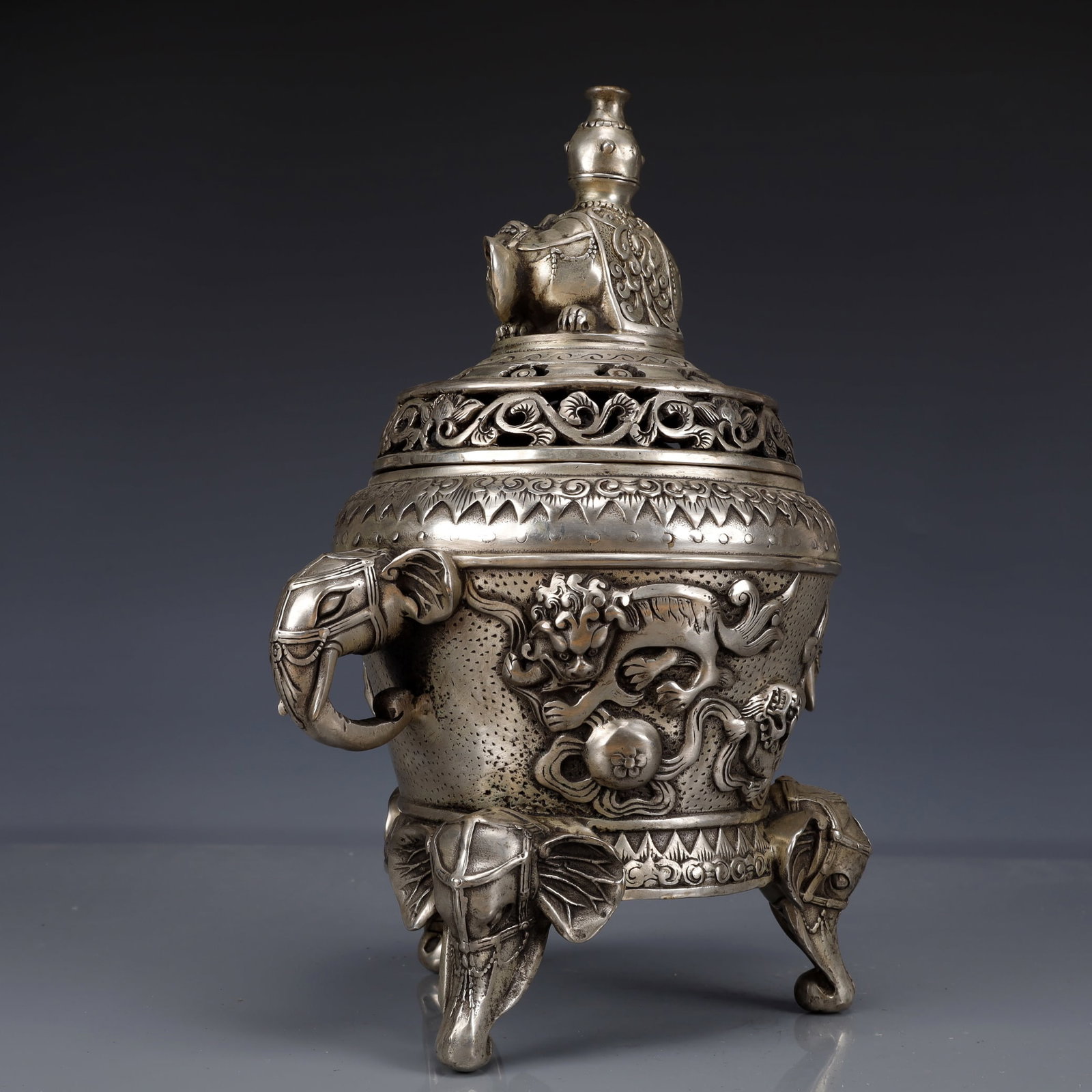 An Exquisite Silver-Plated Bronze Auspicious Beast Pattern Double-Ears and Tripod Censer - 6
