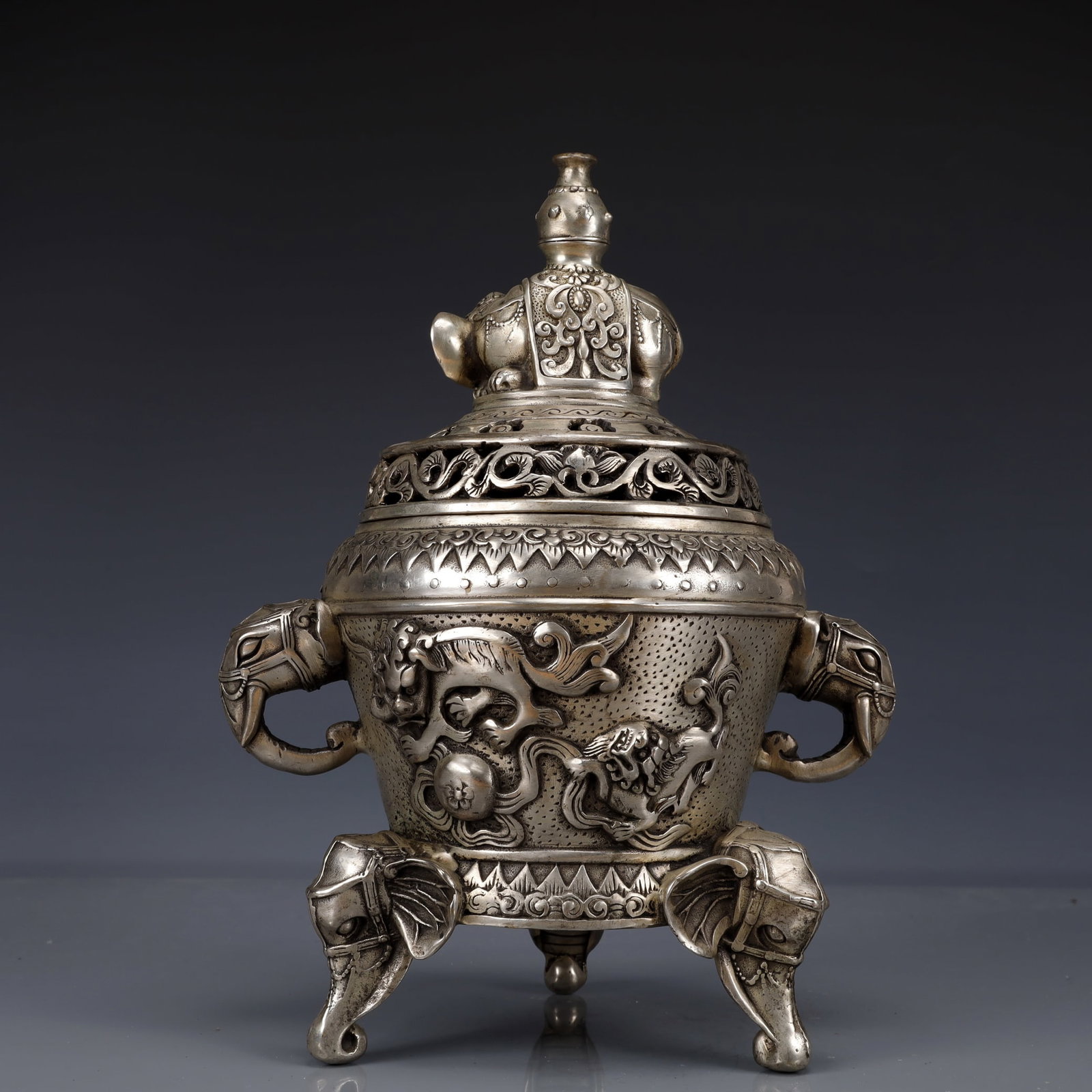 An Exquisite Silver-Plated Bronze Auspicious Beast Pattern Double-Ears and Tripod Censer - 7