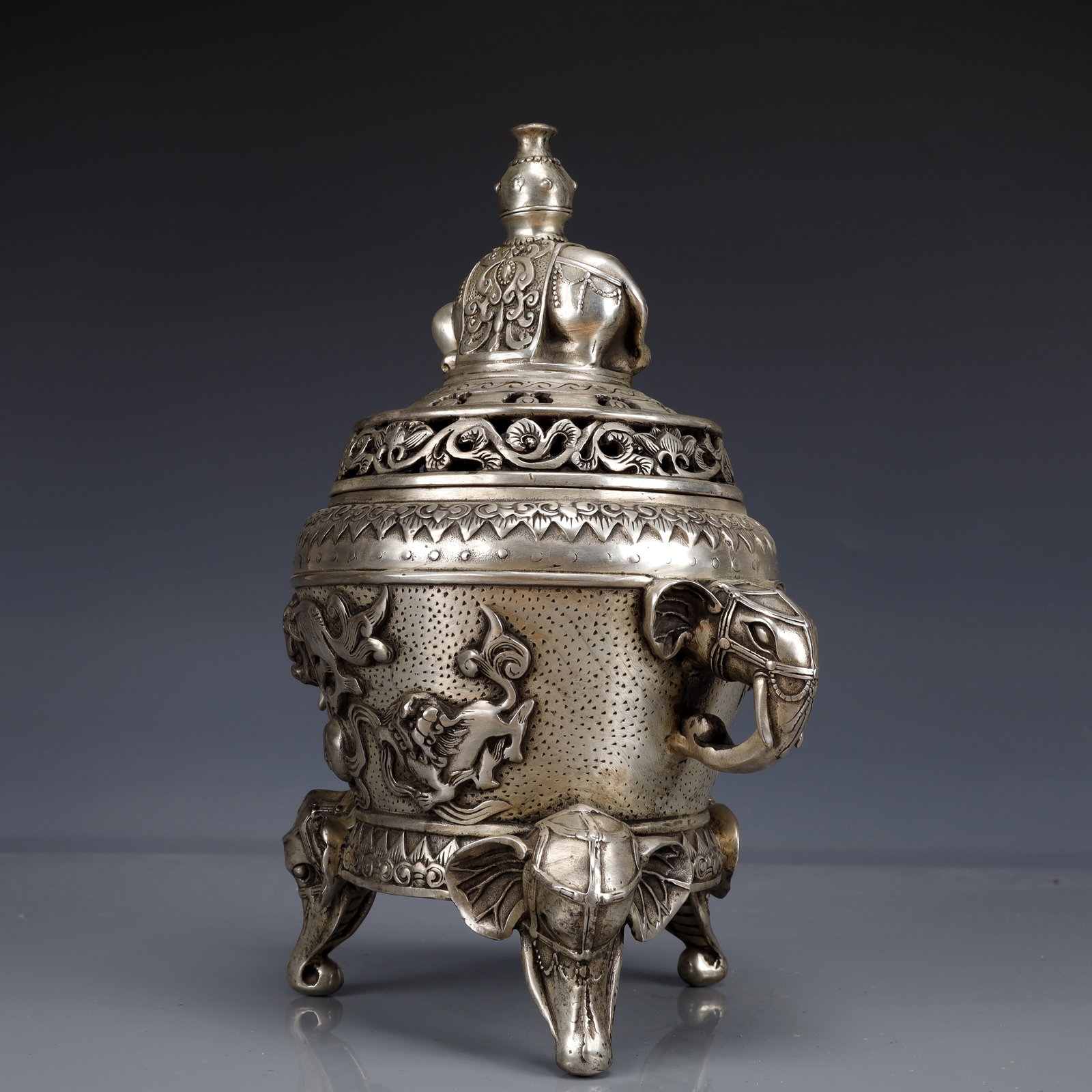 An Exquisite Silver-Plated Bronze Auspicious Beast Pattern Double-Ears and Tripod Censer - 8