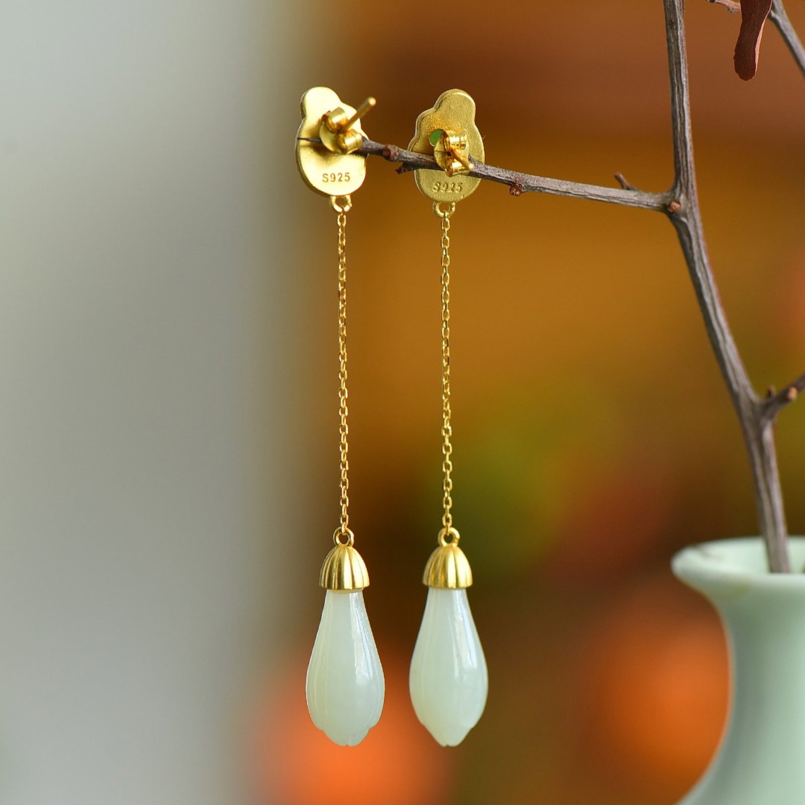 A Pair of Exquisite Sterling Silver-Gold Plated Inlaid White Jade Earrings - 2