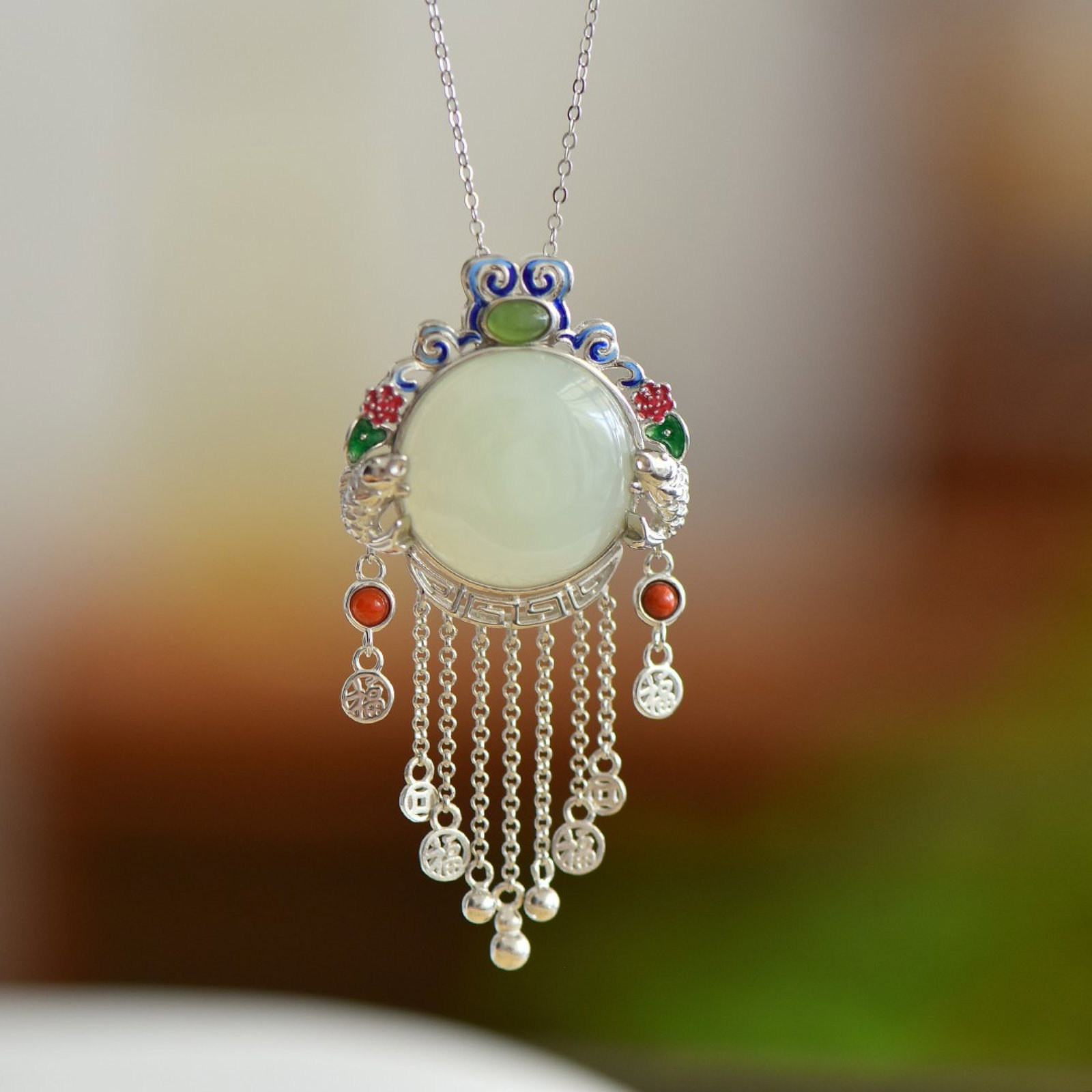 A Set of Fine Sterling Silver Inlaid White Jade Enamel Jewelries - 2