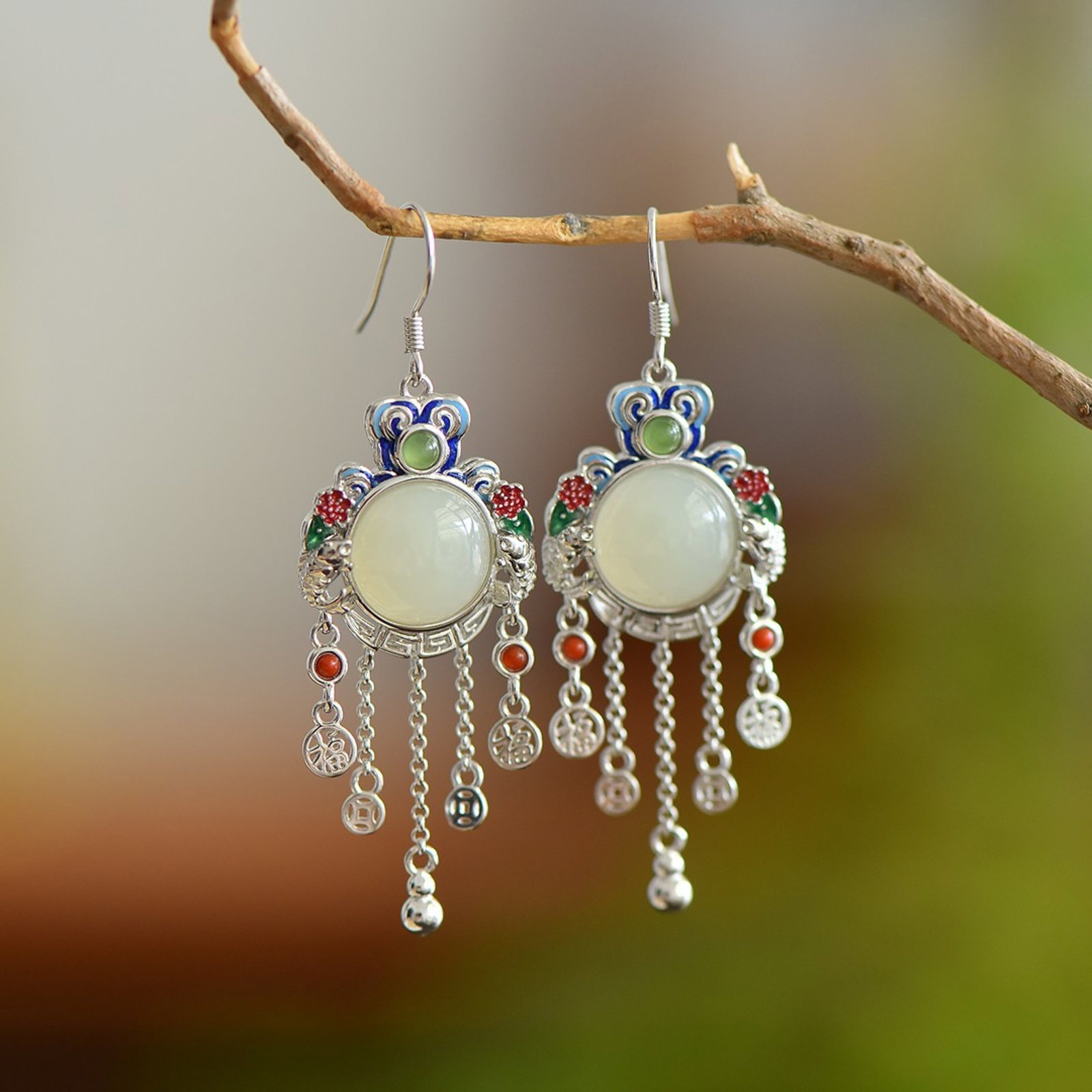 A Set of Fine Sterling Silver Inlaid White Jade Enamel Jewelries - 3
