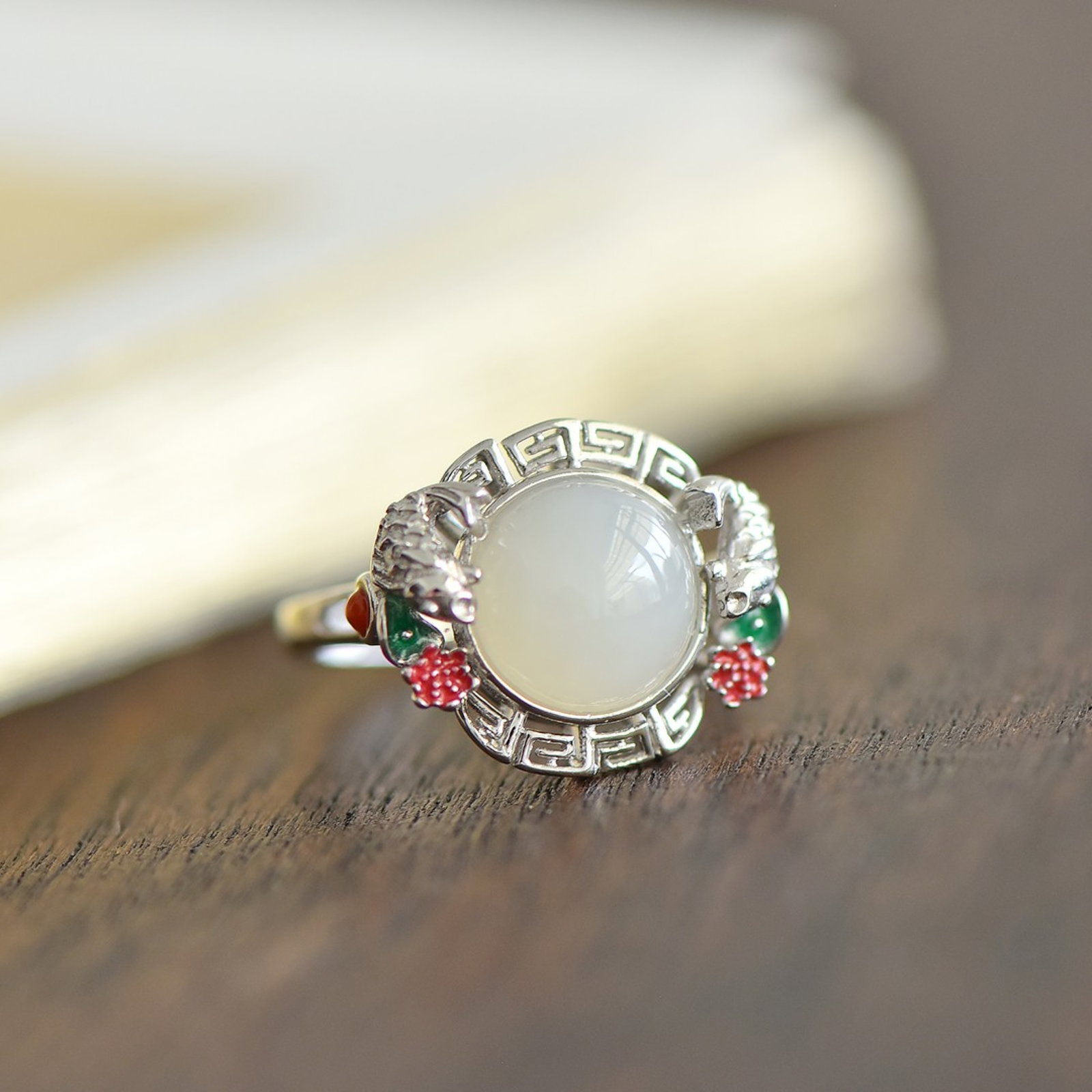 A Set of Fine Sterling Silver Inlaid White Jade Enamel Jewelries - 4