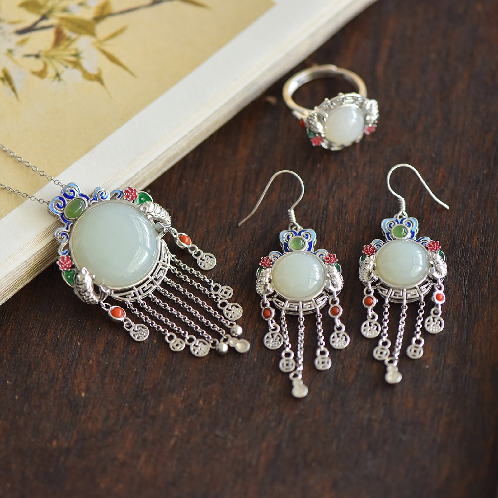 A Set of Fine Sterling Silver Inlaid White Jade Enamel Jewelries - 5