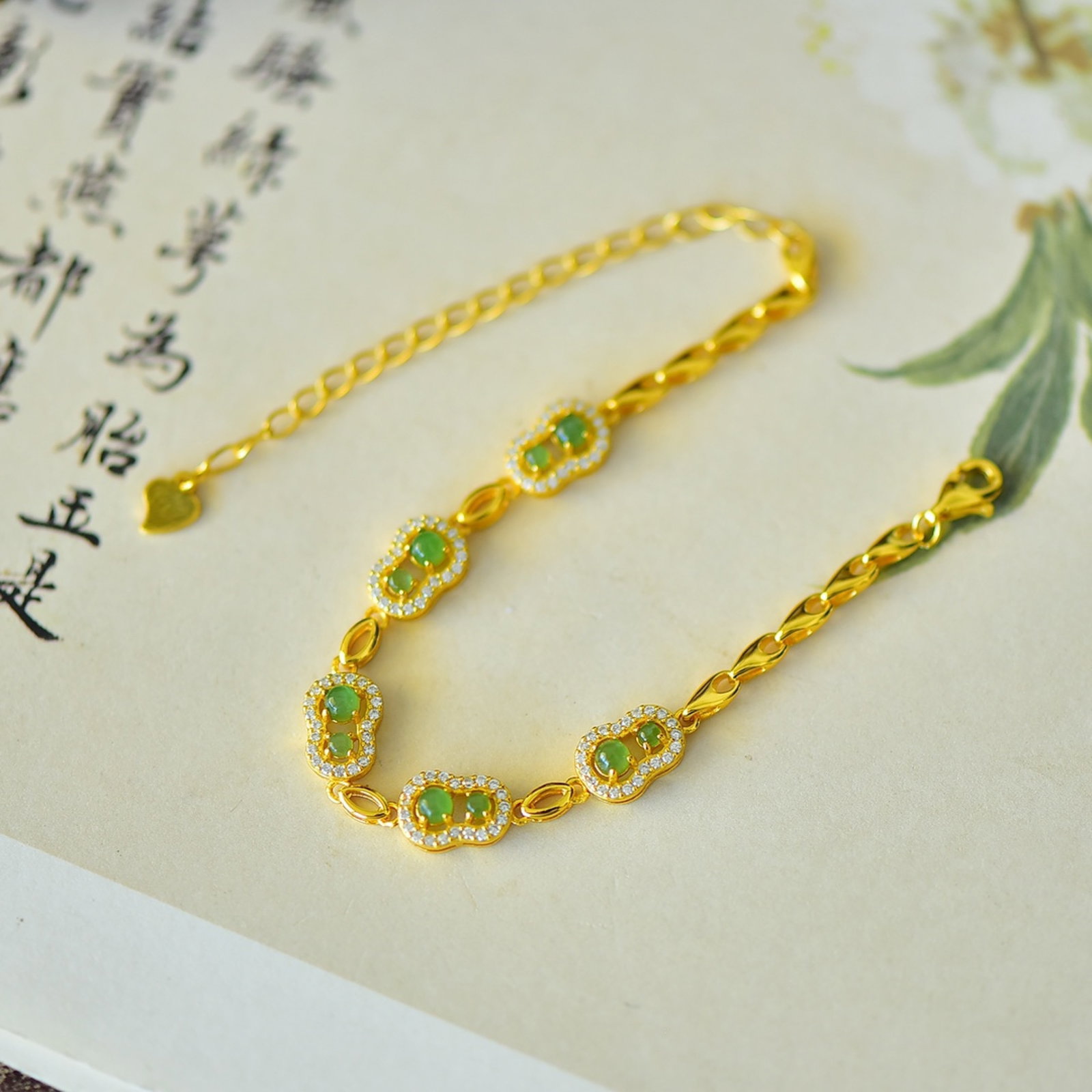 An Exquisite Sterling Silver-Gold Plated Inlaid Jasper Gourd Bracelets,Inlaid Diamond - 2