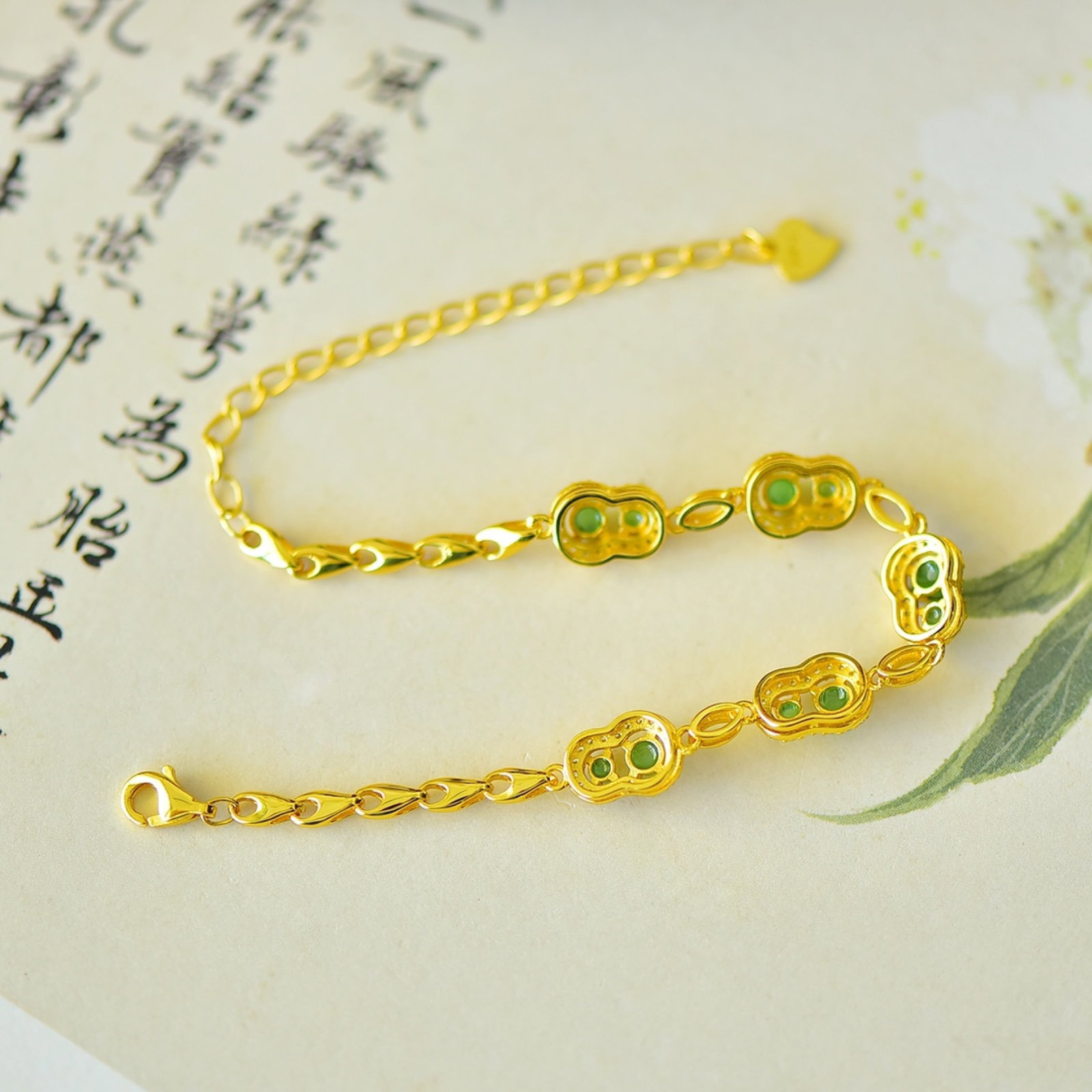 An Exquisite Sterling Silver-Gold Plated Inlaid Jasper Gourd Bracelets,Inlaid Diamond - 5