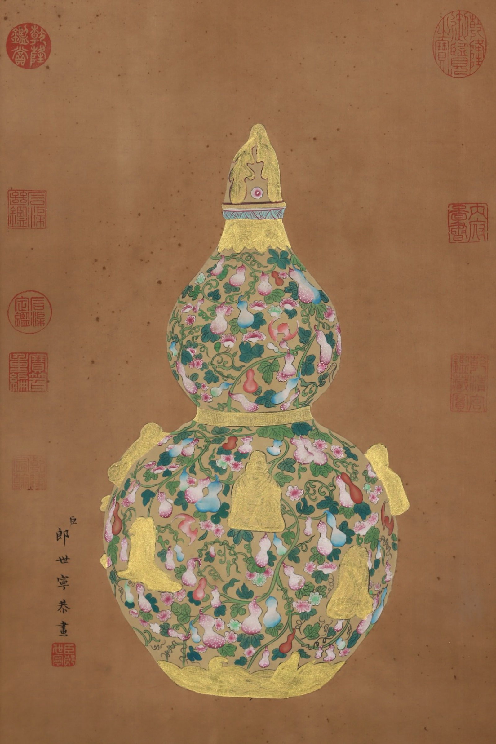 A Huge Yellow Ground Famille-Rose Painted Gold Gourd Buddha Statue Pattern Gourd Bottle,With Vert... - 7