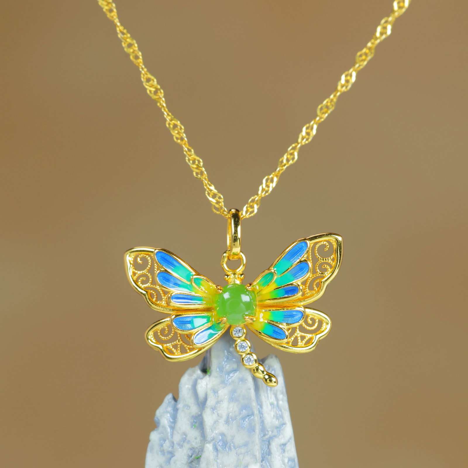 An Exquisite Sterling Silver-Gold Plated Inlaid Jasper Pendant , Inlaid Diamond - 2