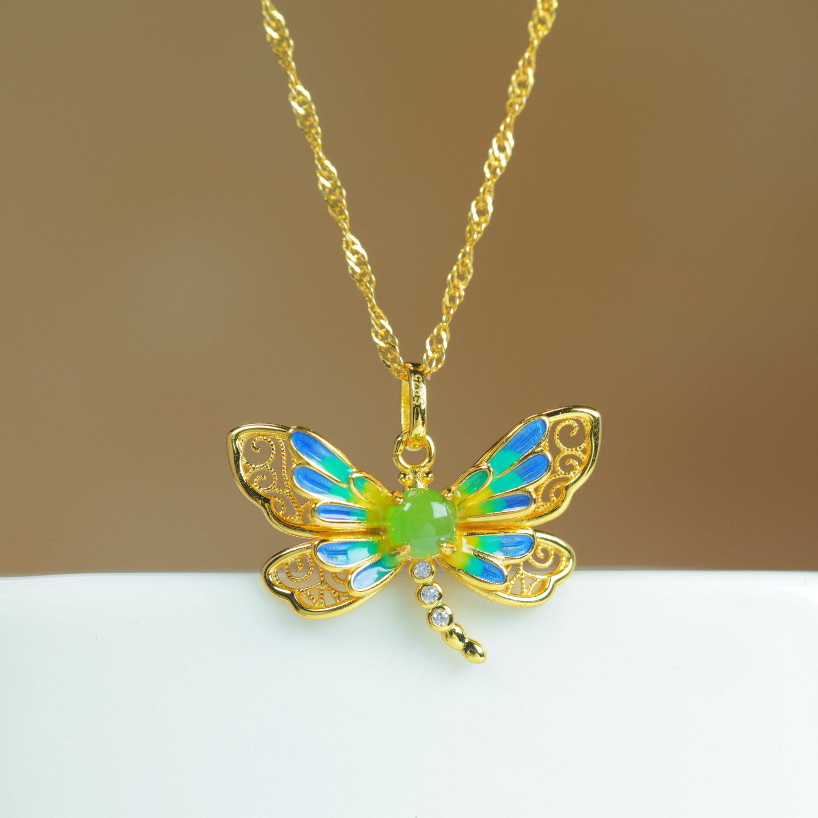 An Exquisite Sterling Silver-Gold Plated Inlaid Jasper Pendant , Inlaid Diamond - 4