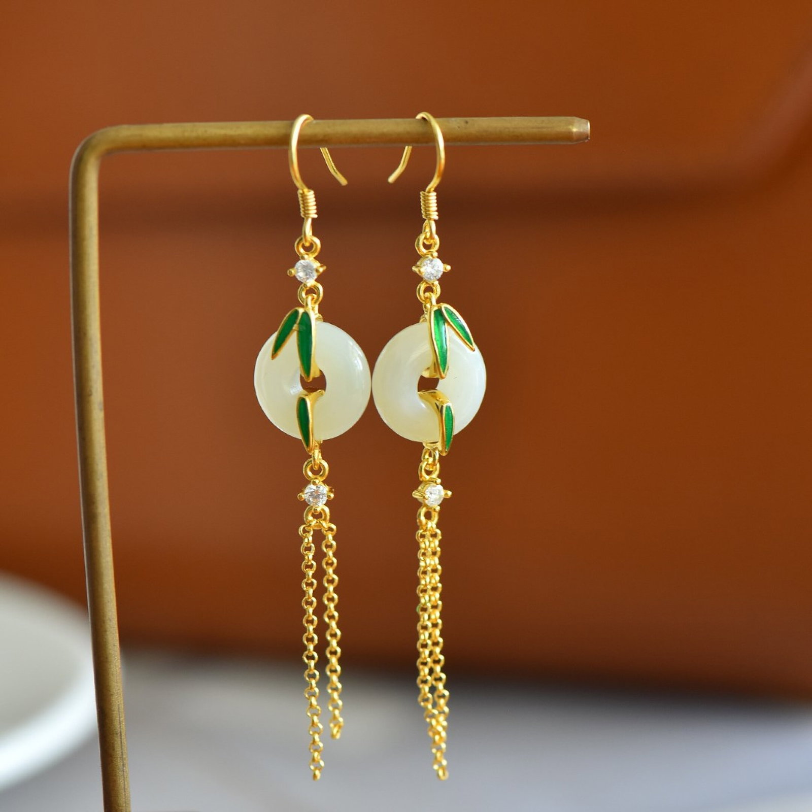 A Pair of Exquisite Sterling Silver-Gold Plated Inlaid White Jade Enamel Earrings - 2