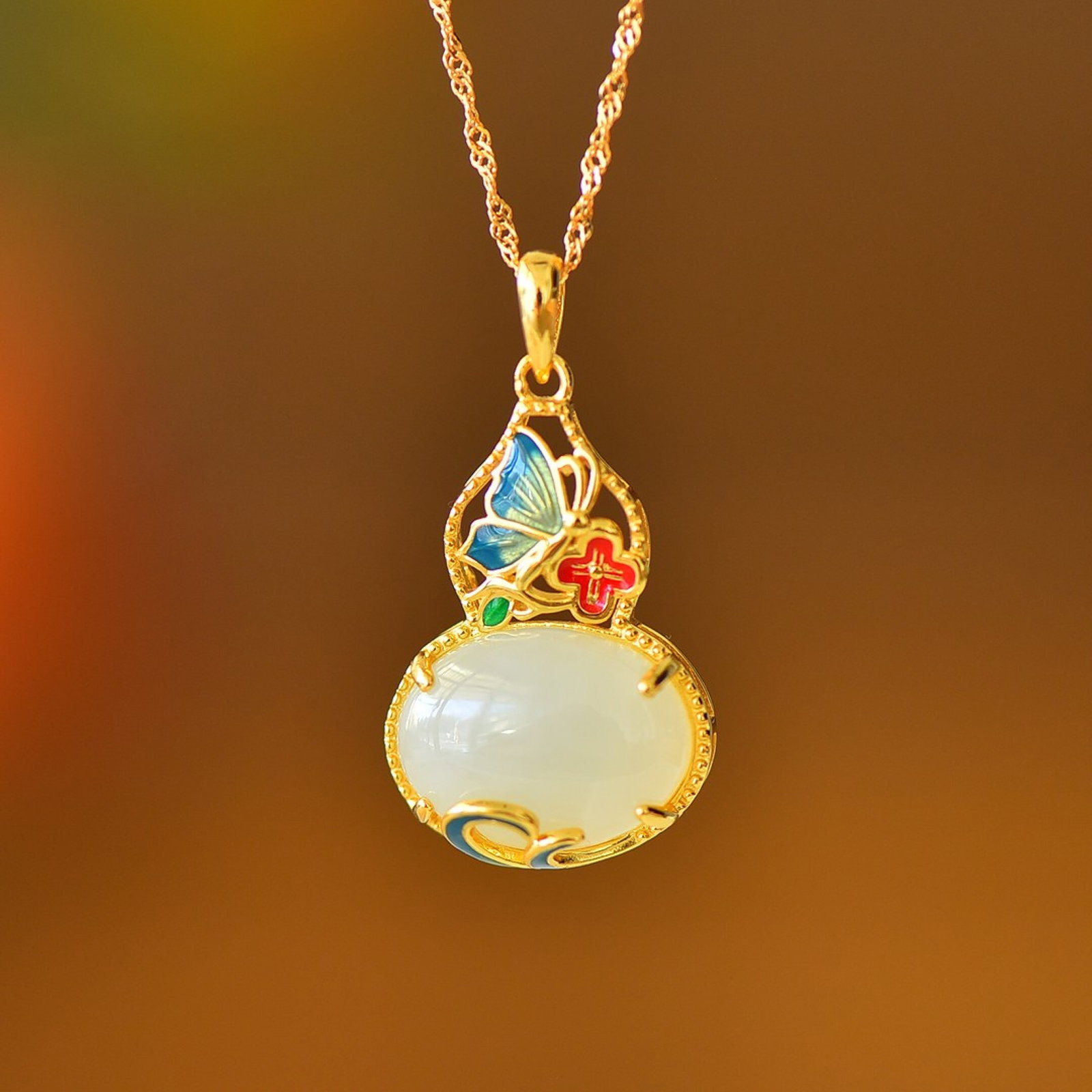 A Set of Fine Sterling Silver-Gold Plated Inlaid White Jade Jewelrys - 2