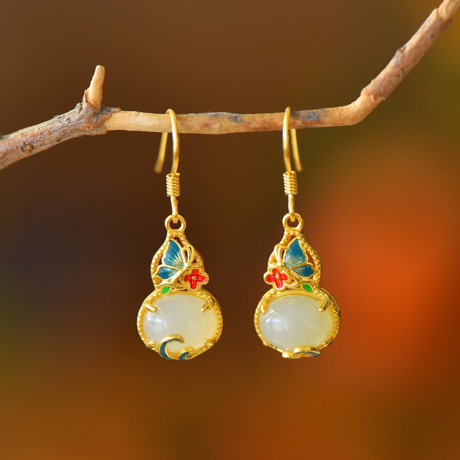 A Set of Fine Sterling Silver-Gold Plated Inlaid White Jade Jewelrys - 3