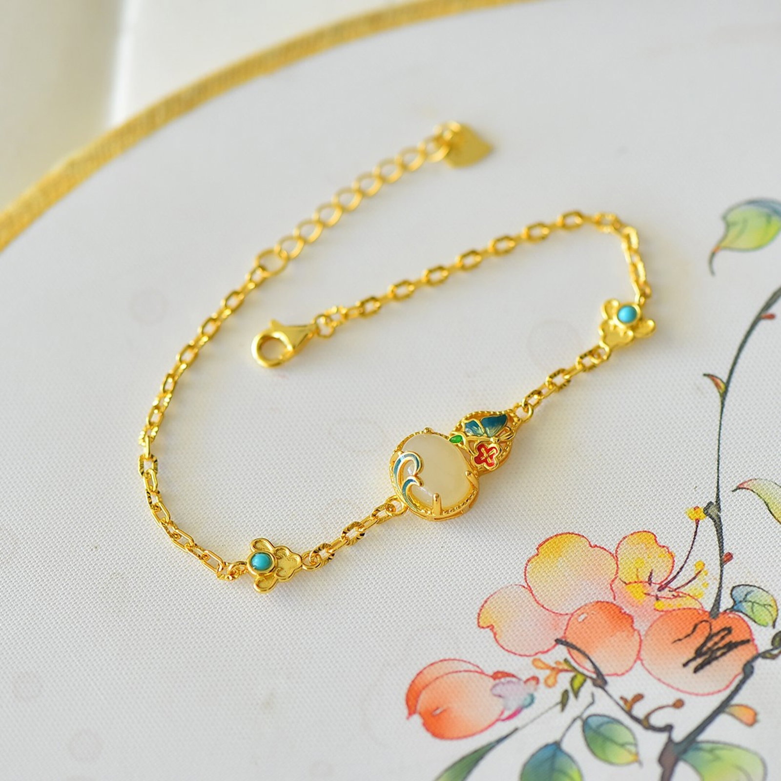 A Set of Fine Sterling Silver-Gold Plated Inlaid White Jade Jewelrys - 4