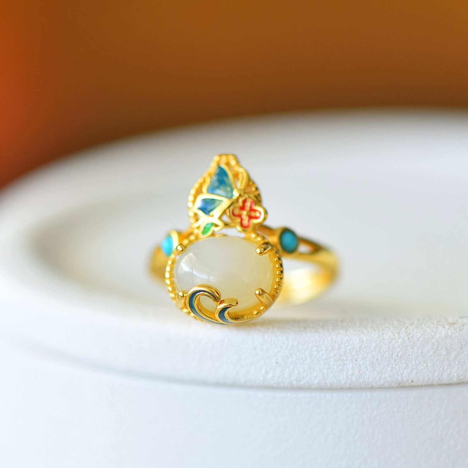 A Set of Fine Sterling Silver-Gold Plated Inlaid White Jade Jewelrys - 5