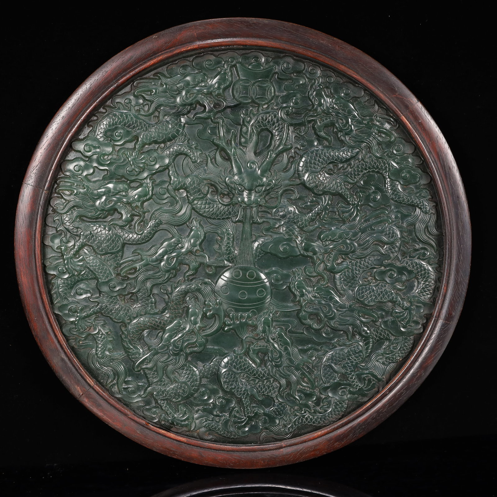 A Huge Zitanwood Inlaid Jasper Auspicious Cloud and Dragon Pattern Table Screen,With an Imperial ... - 15