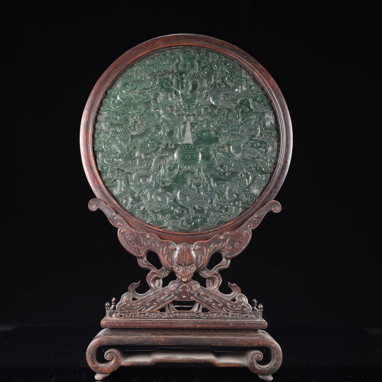 A Huge Zitanwood Inlaid Jasper Auspicious Cloud and Dragon Pattern Table Screen,With an Imperial ...: Estimated Value:40000-80000 A Huge Zitanwood Inlaid Jasper Auspicious Cloud and Dragon Pattern Table Screen,With an Imperial Poem by Emperor Qianlong,Qing Dynasty,