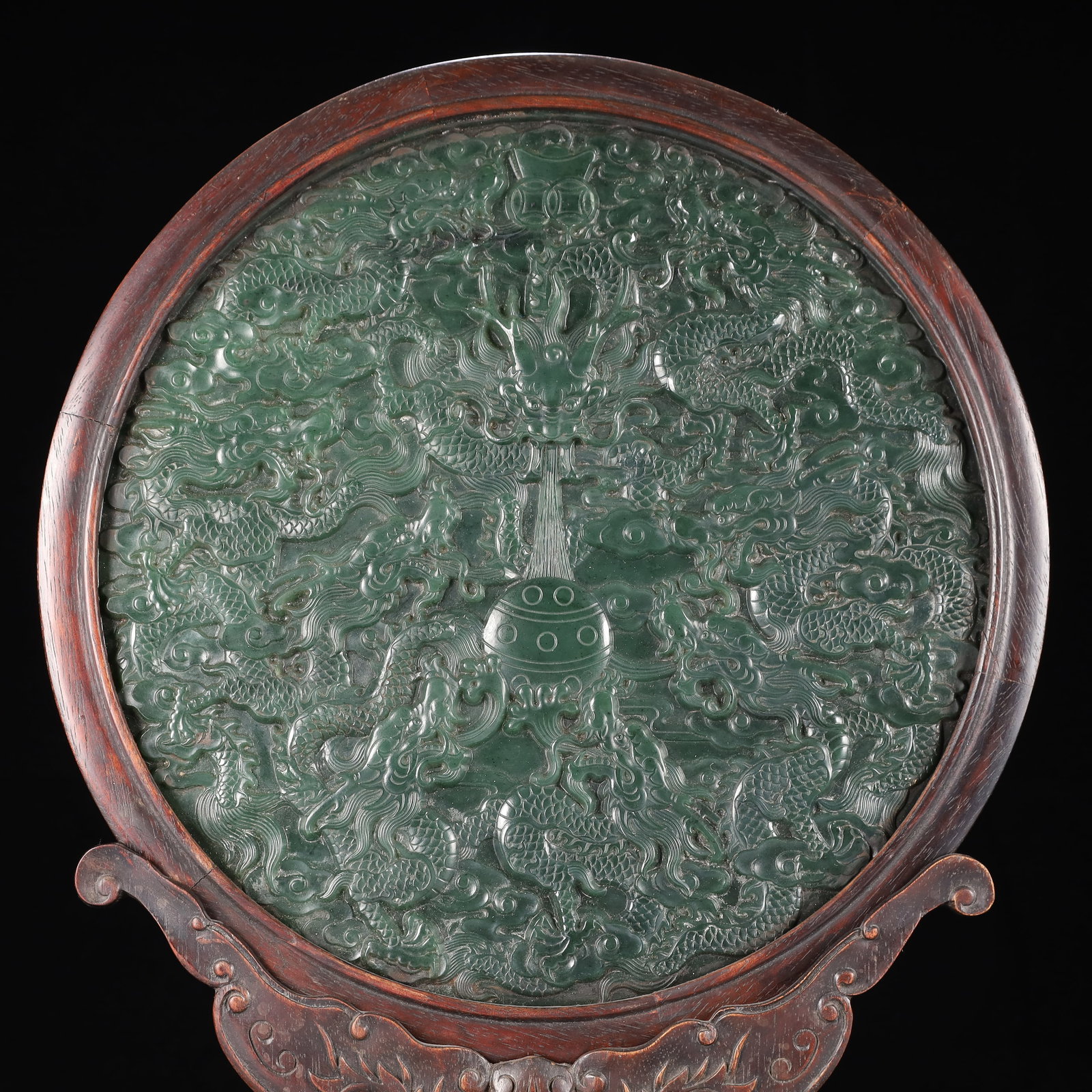 A Huge Zitanwood Inlaid Jasper Auspicious Cloud and Dragon Pattern Table Screen,With an Imperial ... - 2