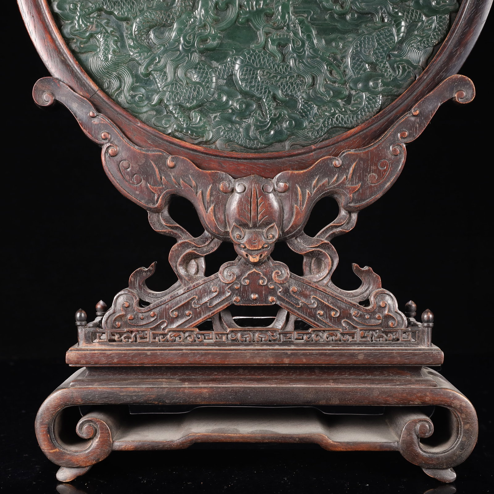 A Huge Zitanwood Inlaid Jasper Auspicious Cloud and Dragon Pattern Table Screen,With an Imperial ... - 5