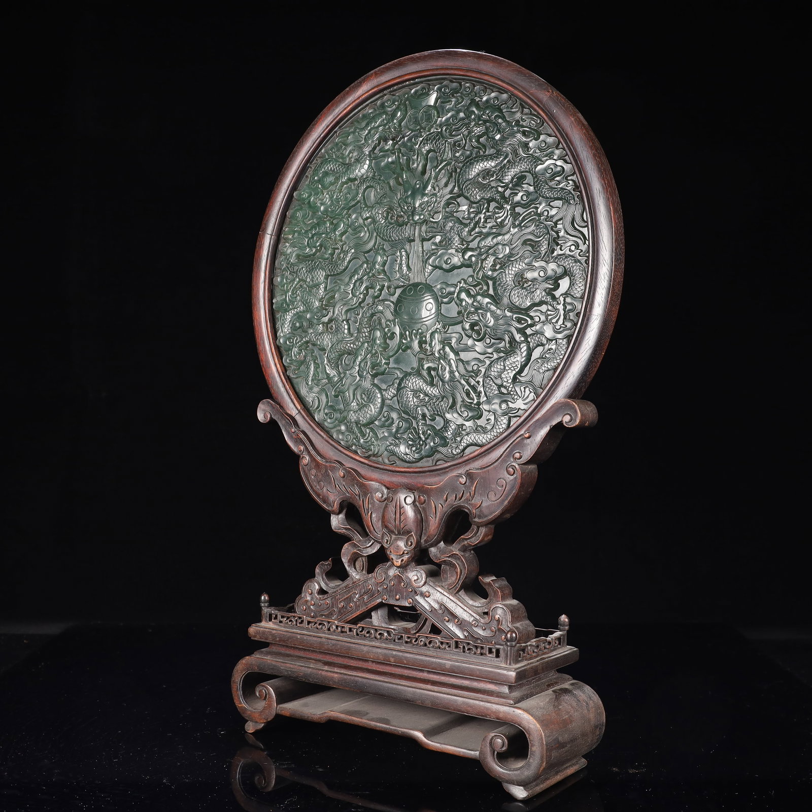 A Huge Zitanwood Inlaid Jasper Auspicious Cloud and Dragon Pattern Table Screen,With an Imperial ... - 6