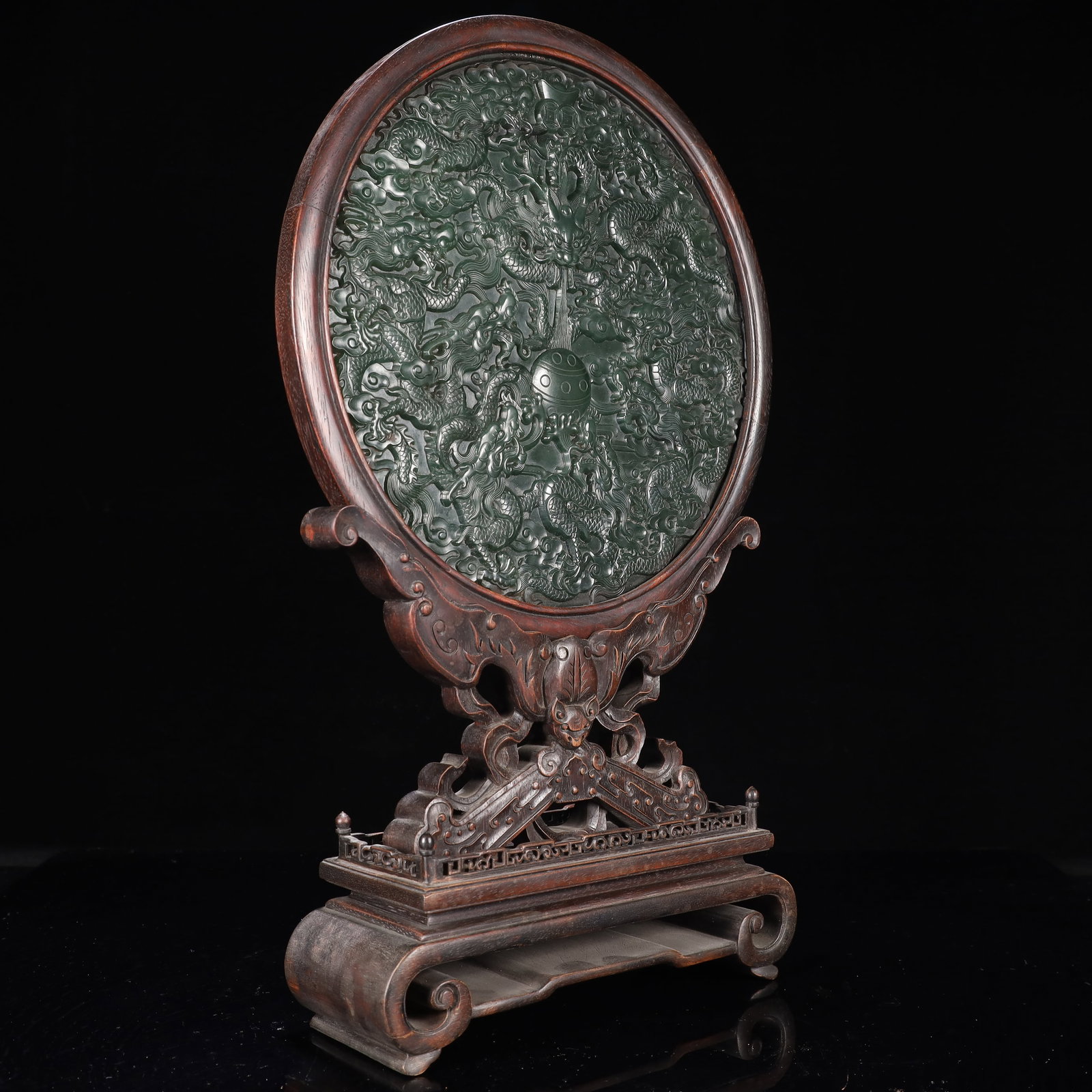A Huge Zitanwood Inlaid Jasper Auspicious Cloud and Dragon Pattern Table Screen,With an Imperial ... - 7