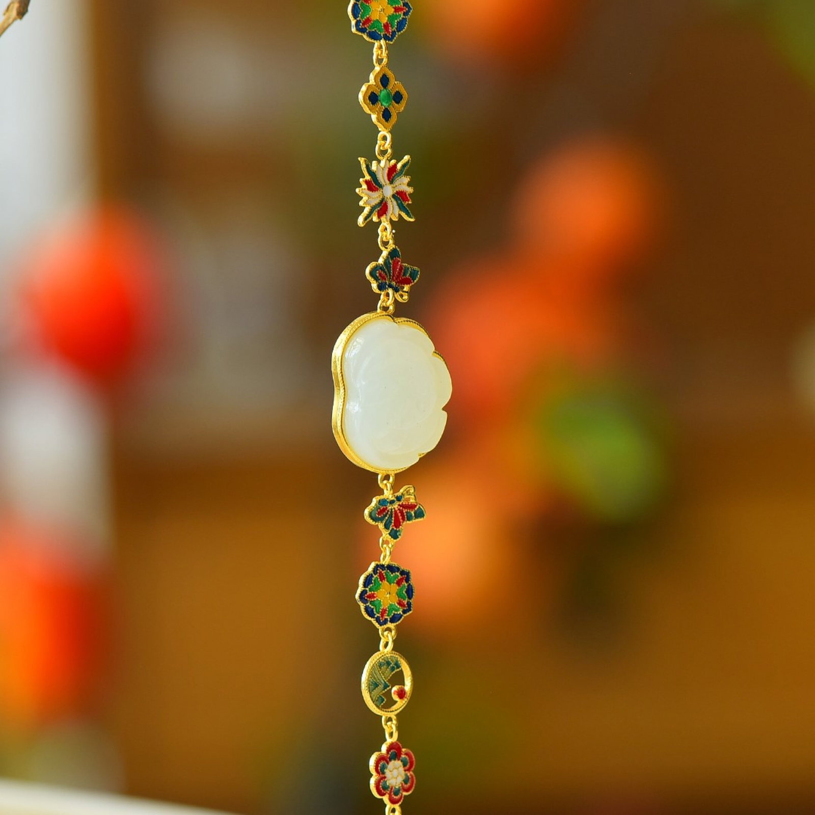 An Exquisite Sterling Silver-Gold Plated Inlaid White Jade Enamel Bracelet - 2