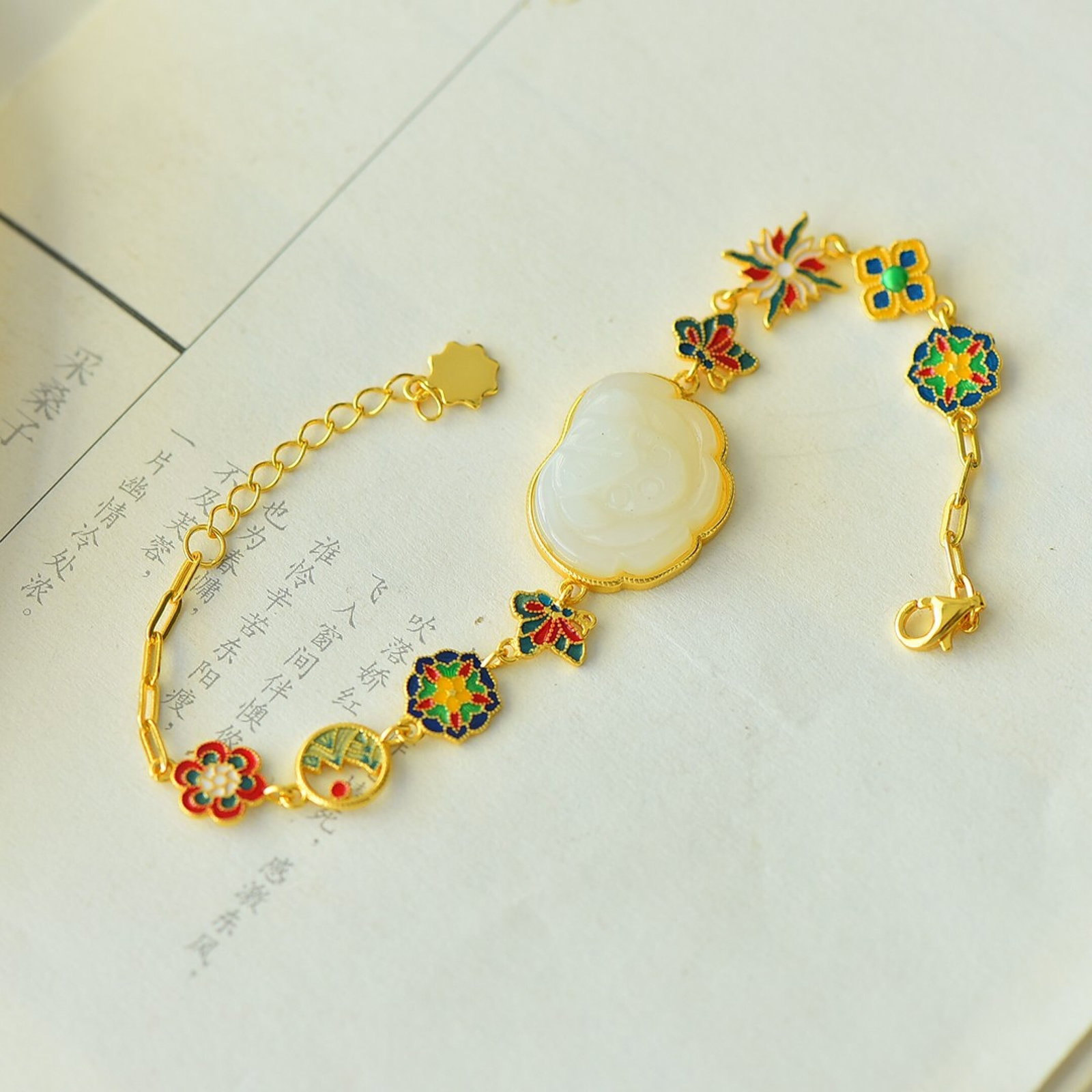An Exquisite Sterling Silver-Gold Plated Inlaid White Jade Enamel Bracelet - 3