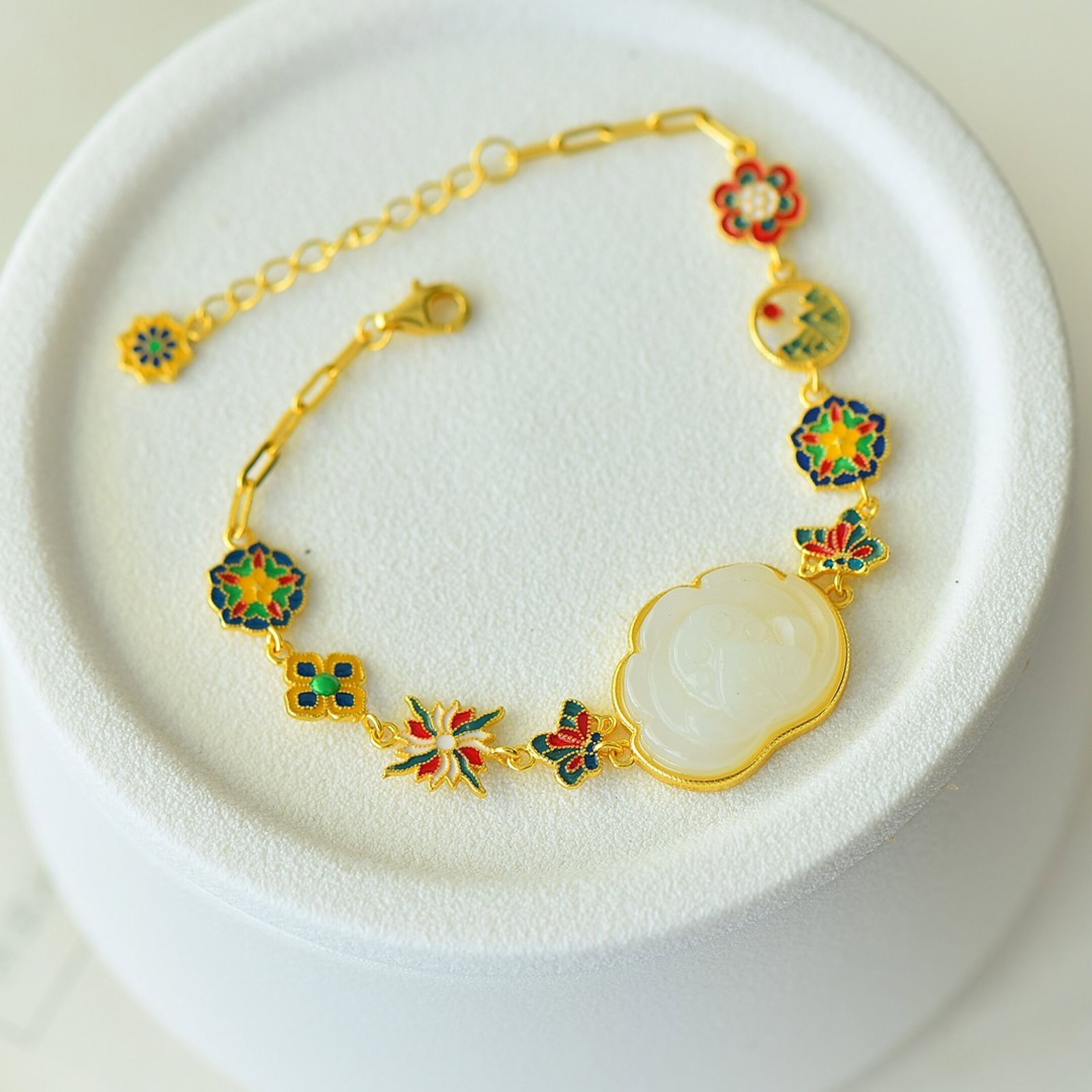 An Exquisite Sterling Silver-Gold Plated Inlaid White Jade Enamel Bracelet - 4