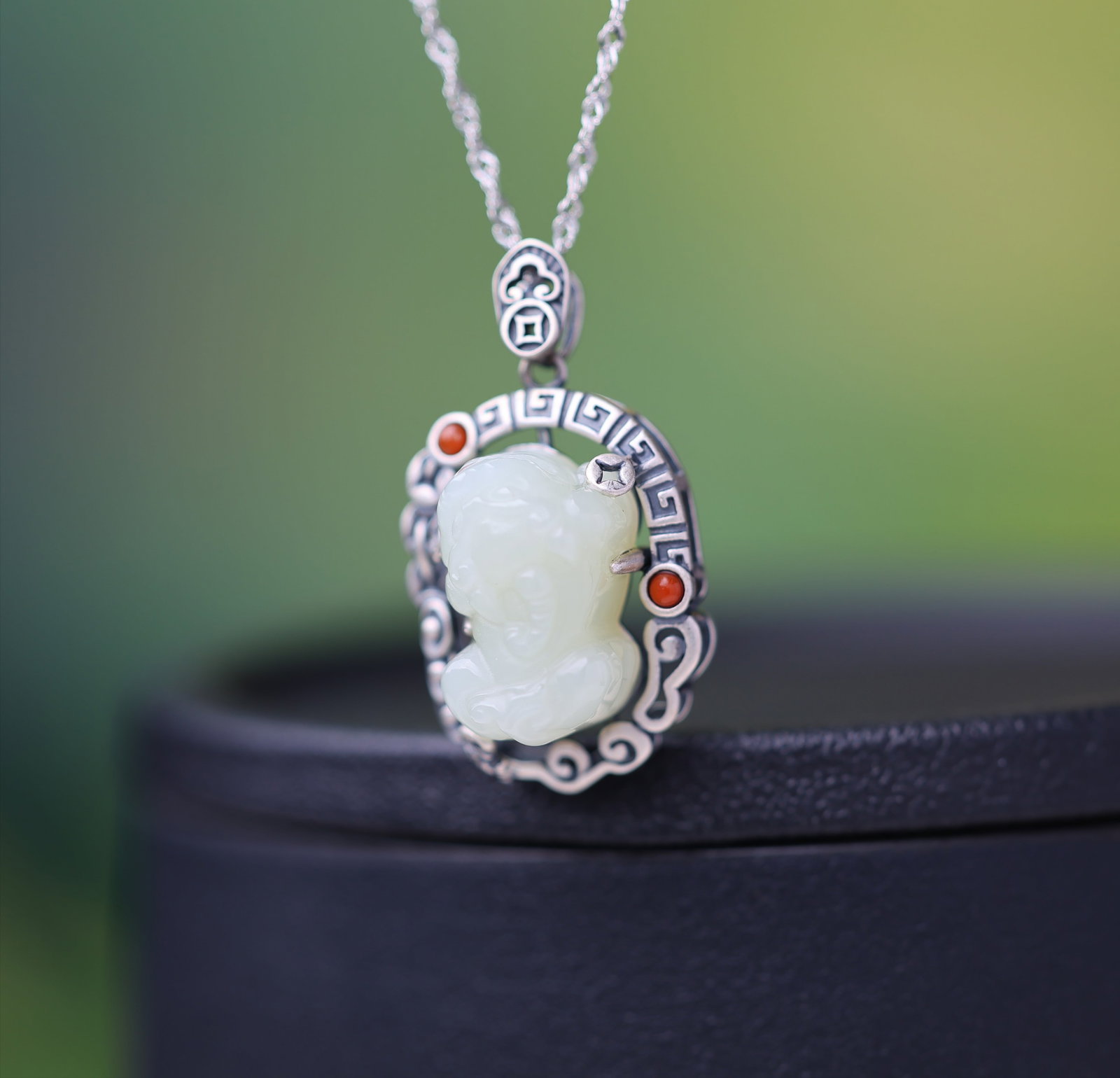 An Exquisite Sterling Silver Inlaid White Jade Pendant - 2
