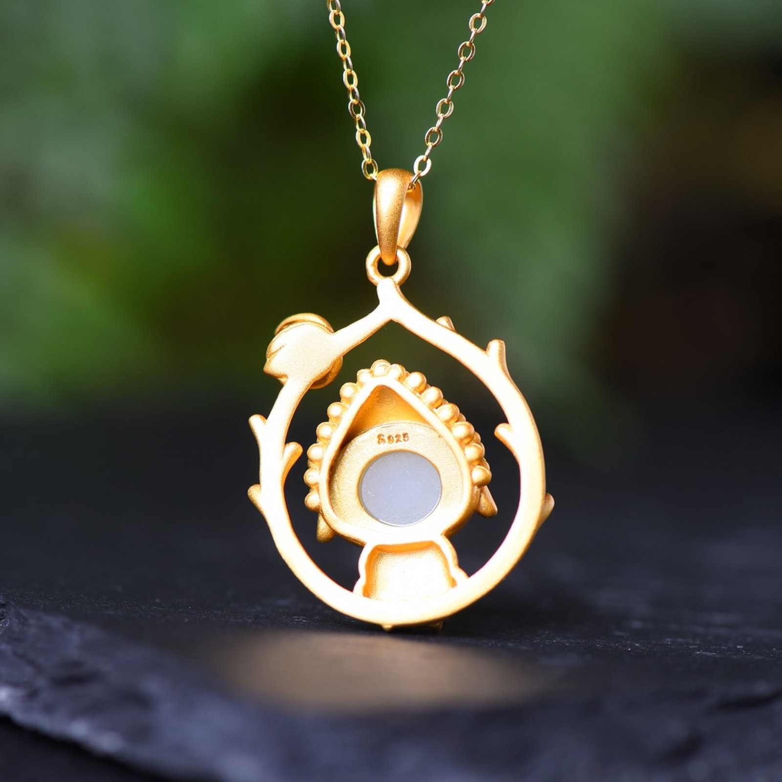 An Exquisite Sterling Silver-Gold Plated Inlaid White Jade Pendant - 5