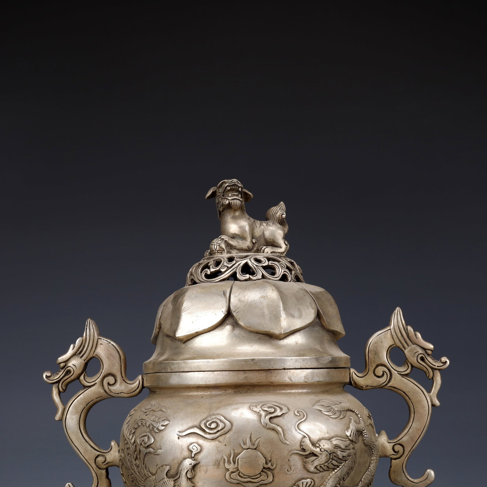 An Exquisite Silver-Plated Bronze Dragon and Phoenix Pattern Dragon-Ears Tripod Censer - 2