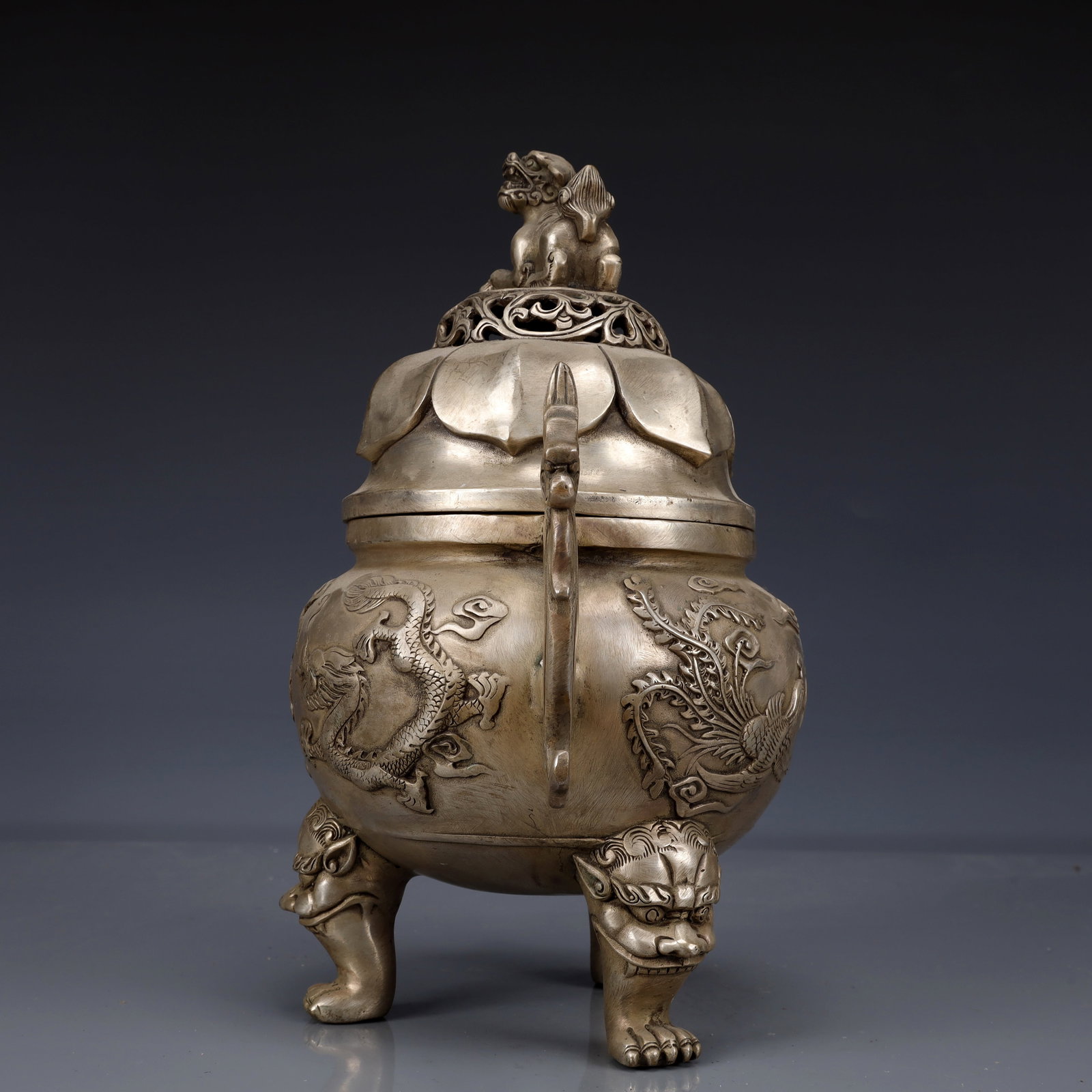 An Exquisite Silver-Plated Bronze Dragon and Phoenix Pattern Dragon-Ears Tripod Censer - 5