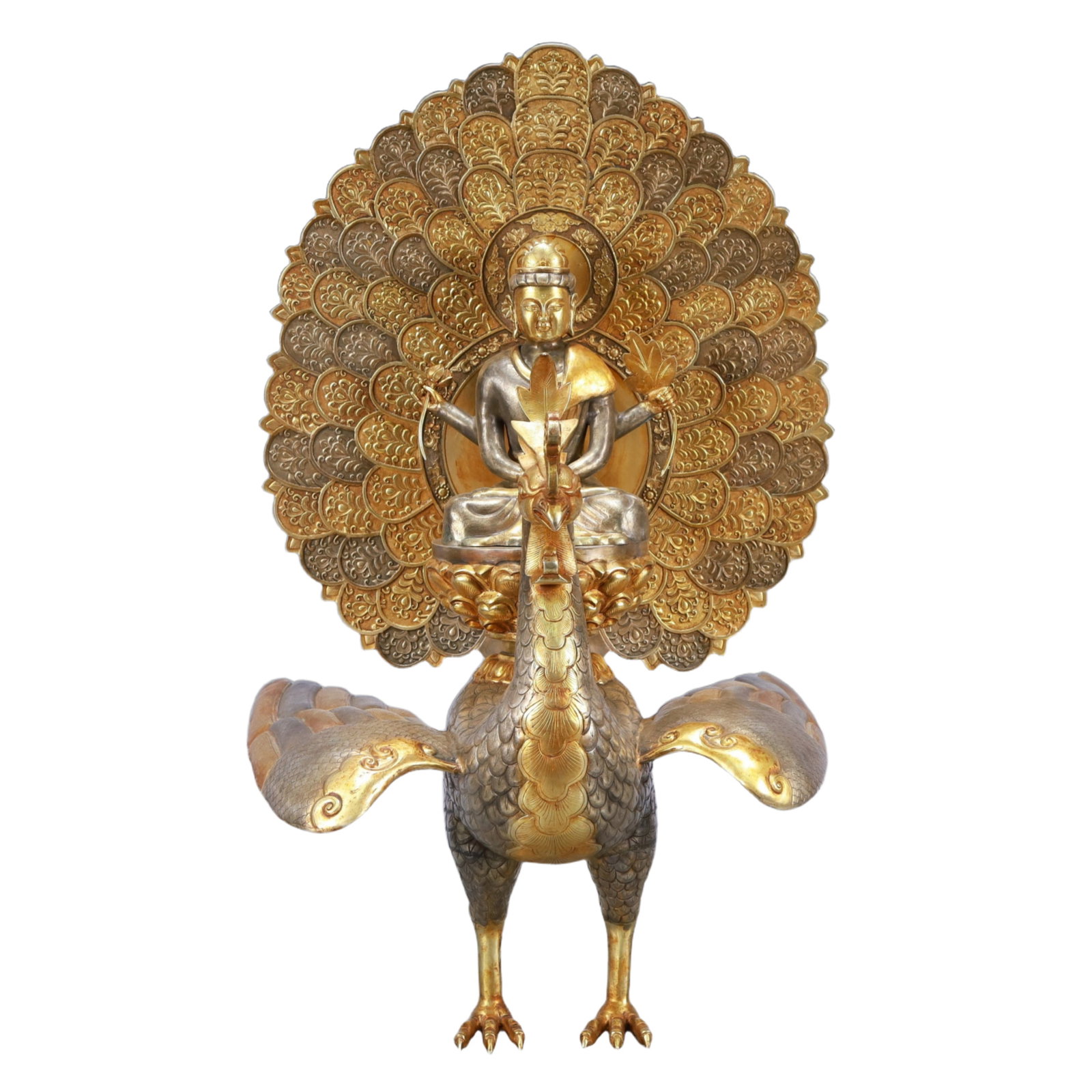 A Huge Gilt Silver Peacock Buddha Statue - 11