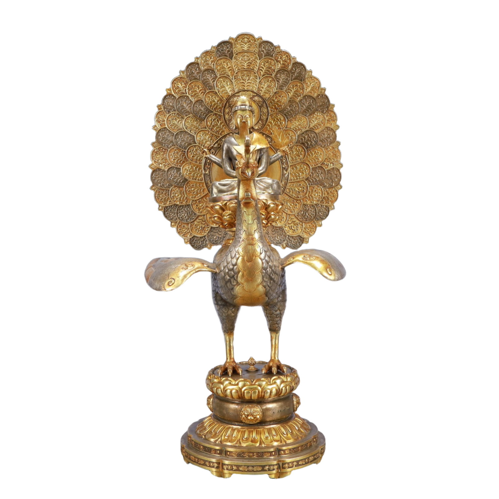 A Huge Gilt Silver Peacock Buddha Statue: Estimated Value:28000-56000 A Huge Gilt Silver Peacock Buddha Statue,Tang Dynasty, China,Zhenguan Four-character Mark,Size:15.4inx13.8inx31.5in,Weight:11650g