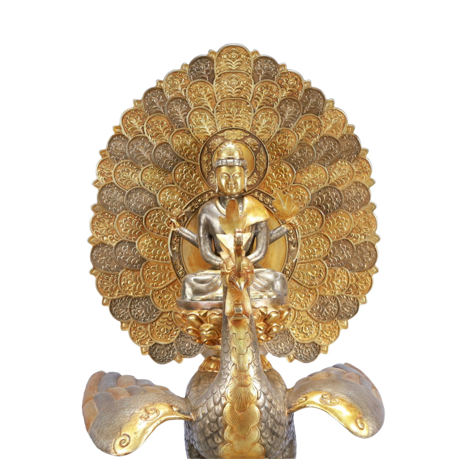 A Huge Gilt Silver Peacock Buddha Statue - 2