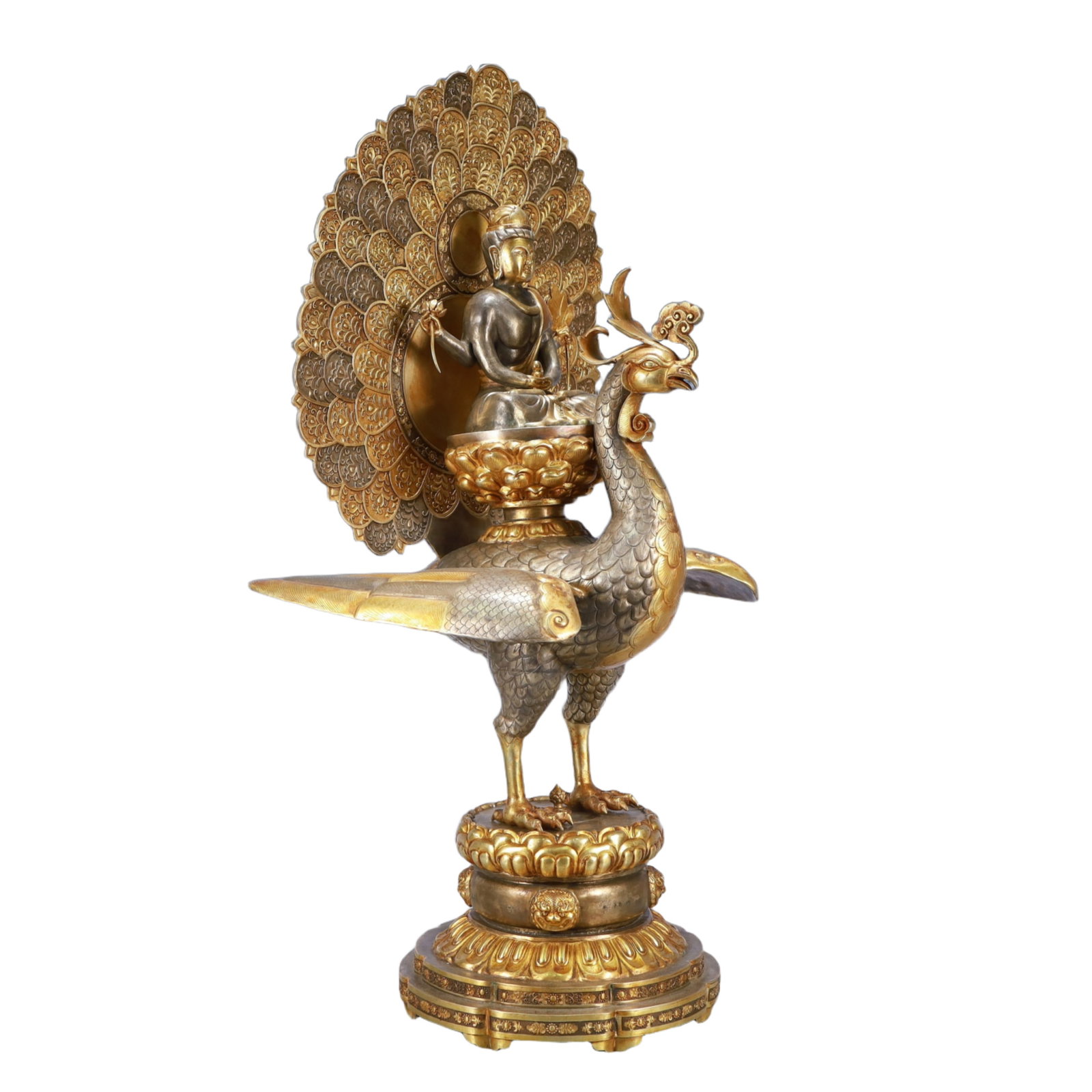 A Huge Gilt Silver Peacock Buddha Statue - 7
