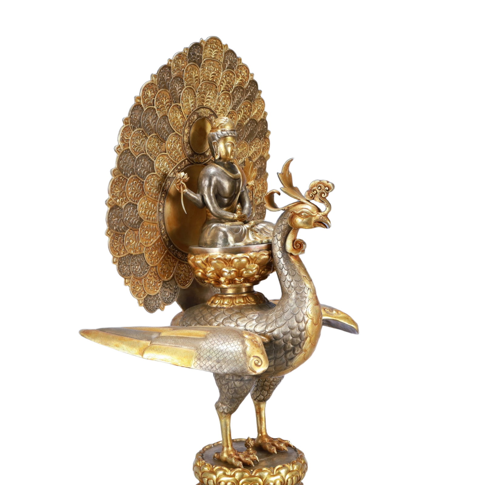 A Huge Gilt Silver Peacock Buddha Statue - 8