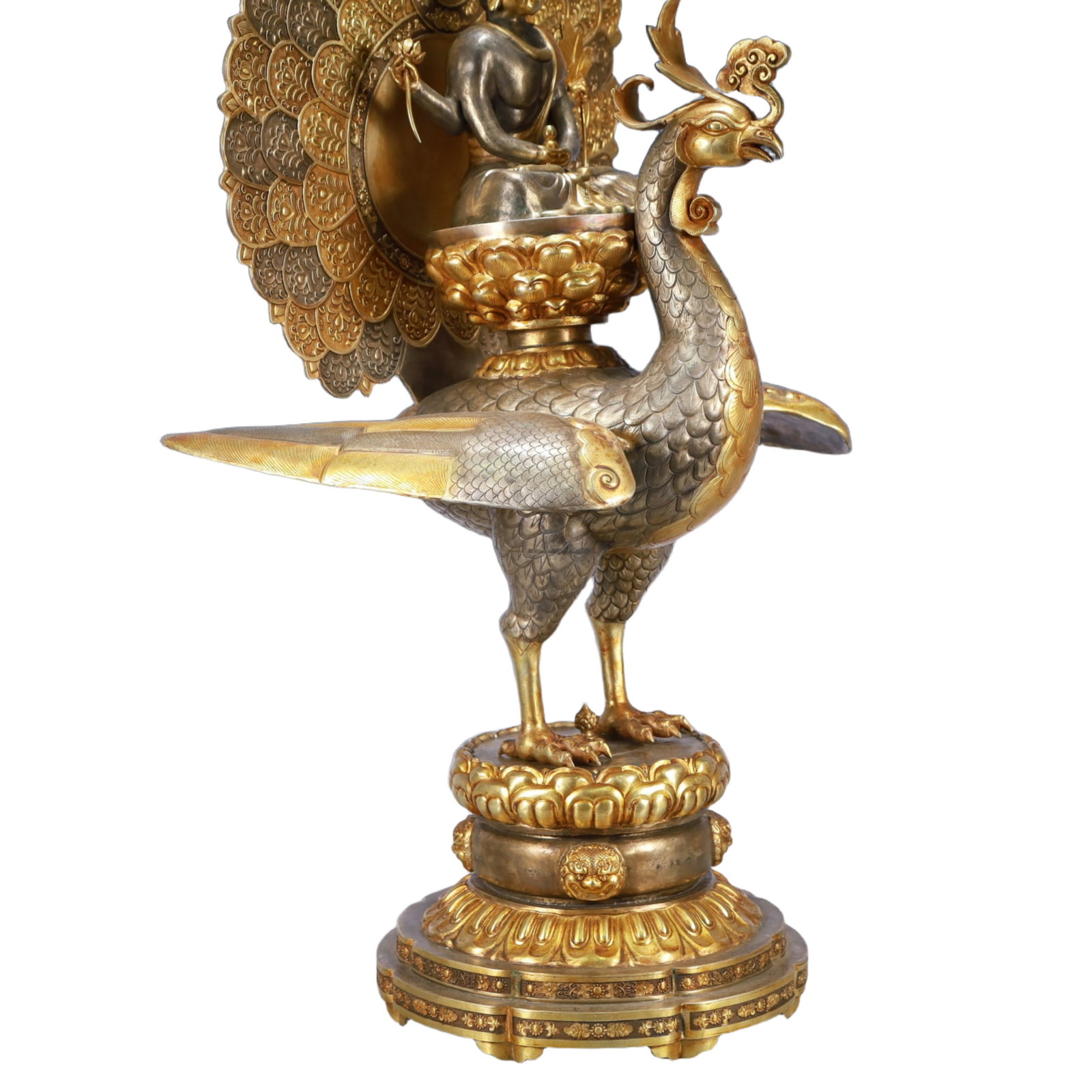 A Huge Gilt Silver Peacock Buddha Statue - 9