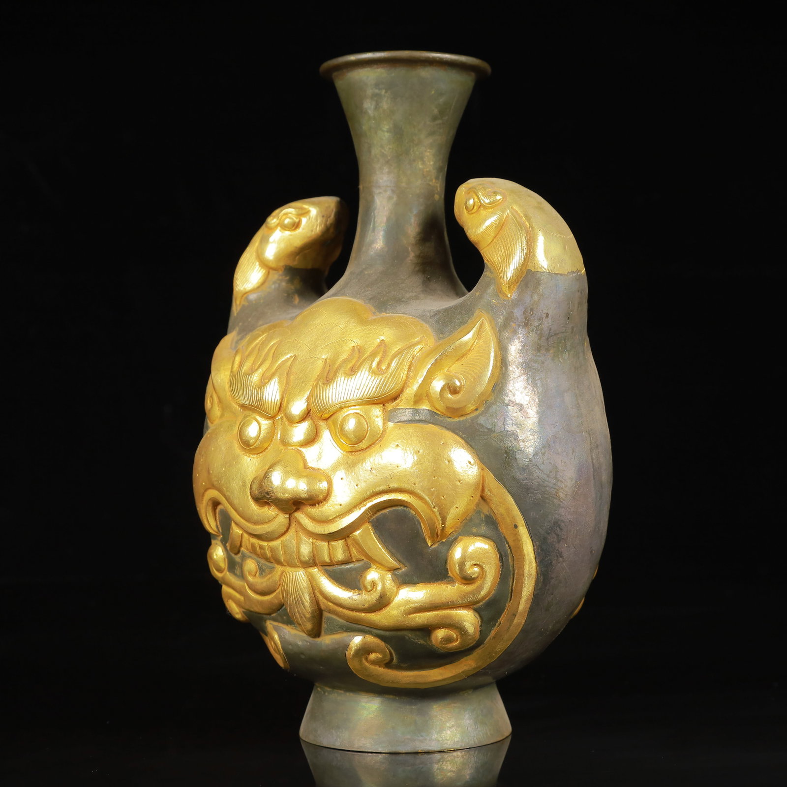 An Exquisite Gilt Silver Beast-Face Pattern Beast-Ears Vase - 4