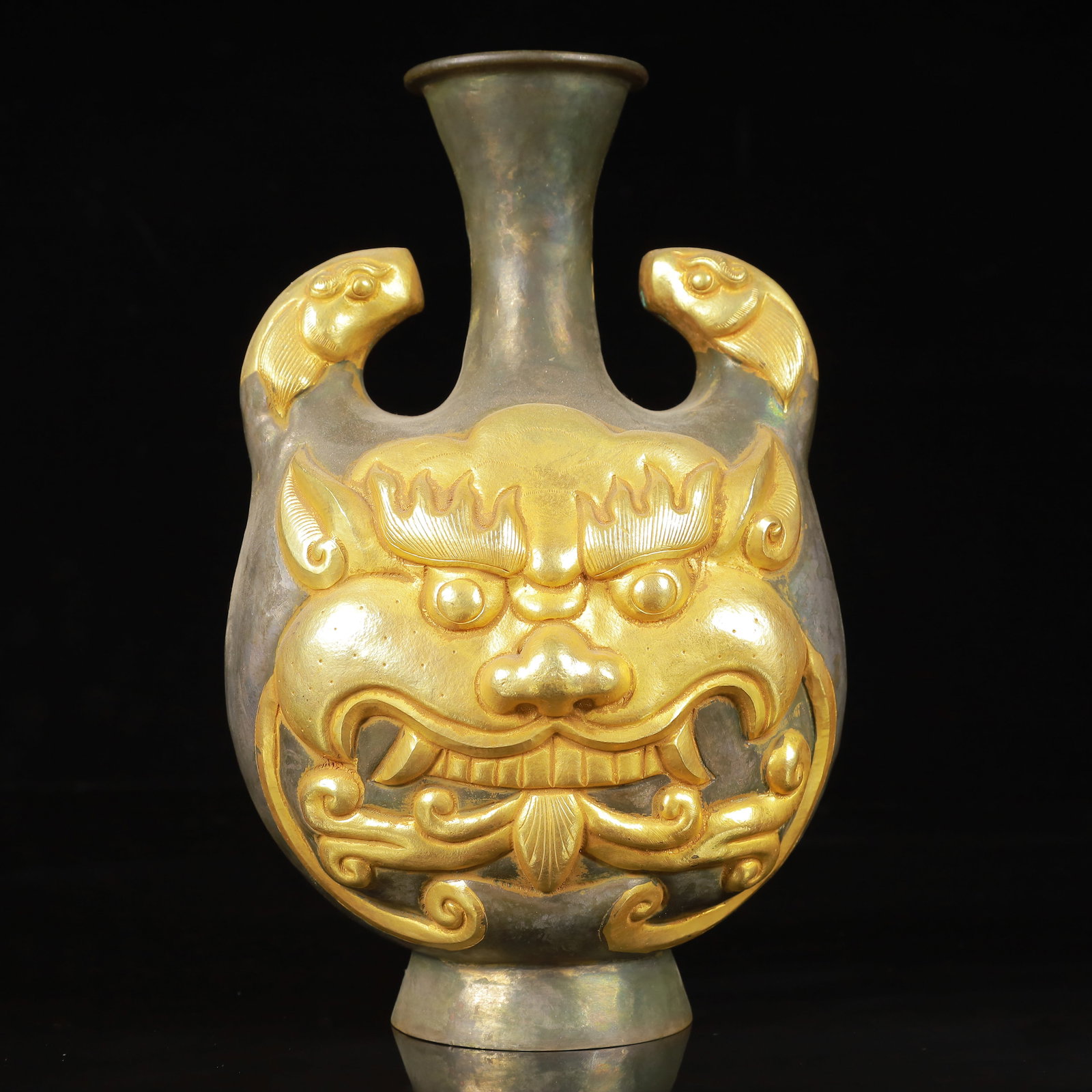 An Exquisite Gilt Silver Beast-Face Pattern Beast-Ears Vase - 7