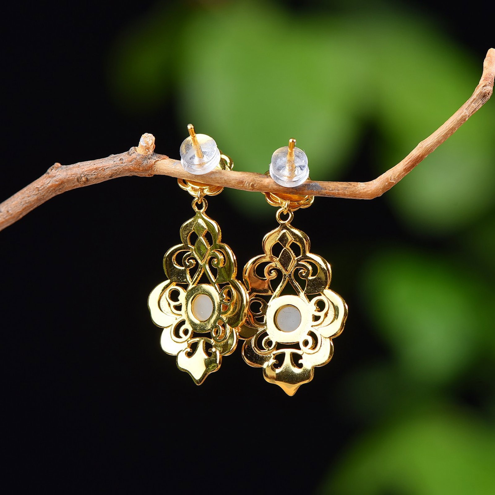A Pair of Exquisite Sterling Silver-Gold Plated Inlaid White Jade Enamel Earrings - 2