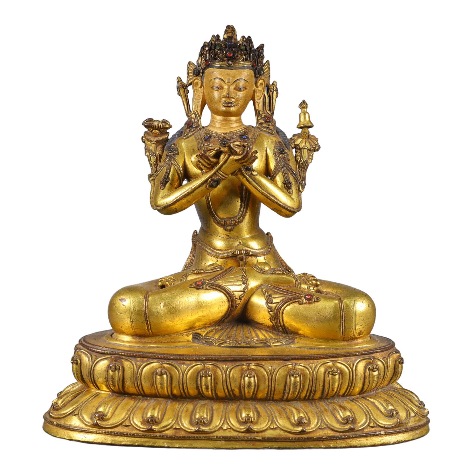 A Solemn Gilt Bronze Buddha Statue,Inlaid Gems: Estimated Value:22000-44000 A Solemn Gilt Bronze Buddha Statue,Inlaid Gems,Qing Dynasty, China,Size:11inx7.9inx14.2in,Weight:5150g