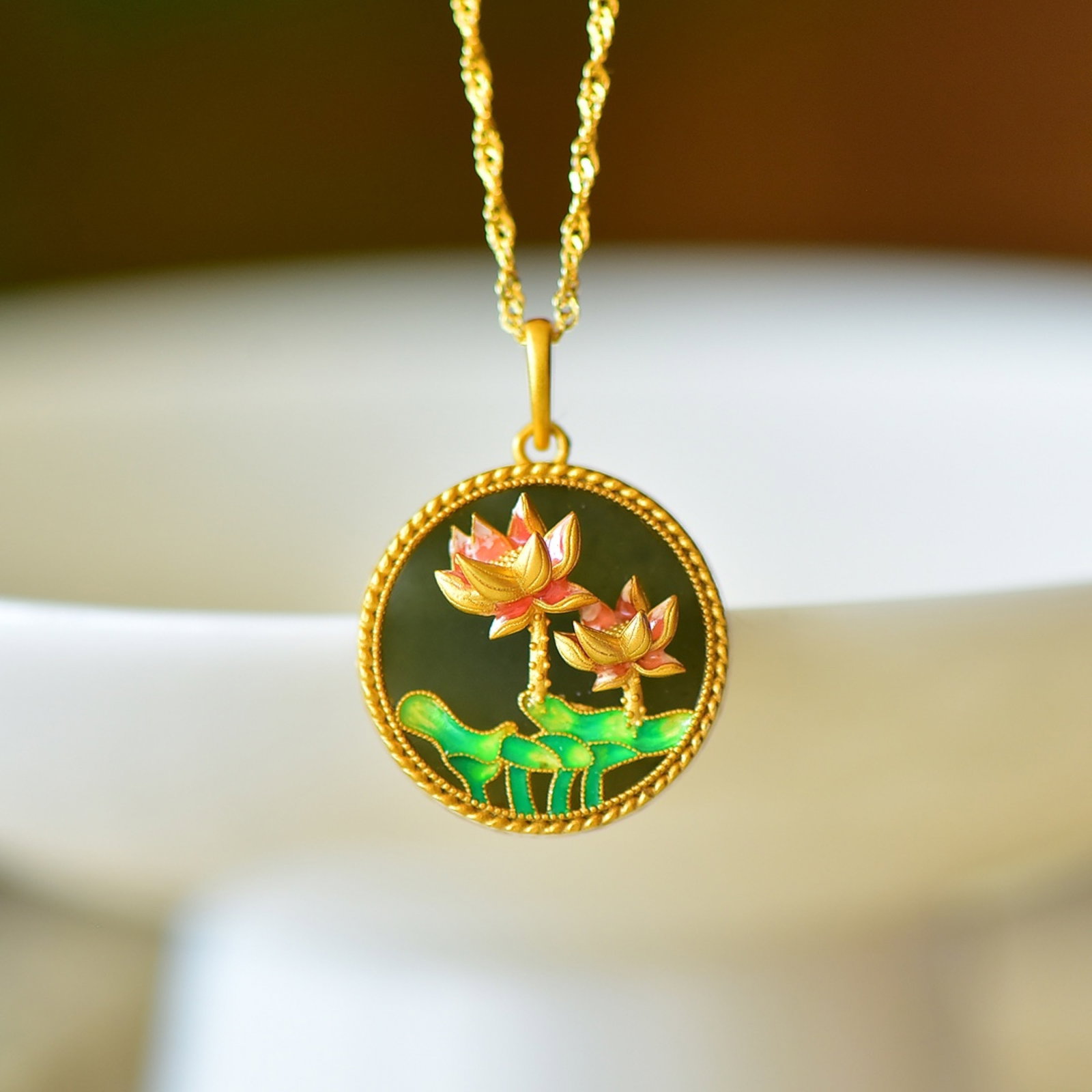 An Exquisite Sterling Silver-Gold Plated Inlaid Greenish Jade Enamel Pendant - 2