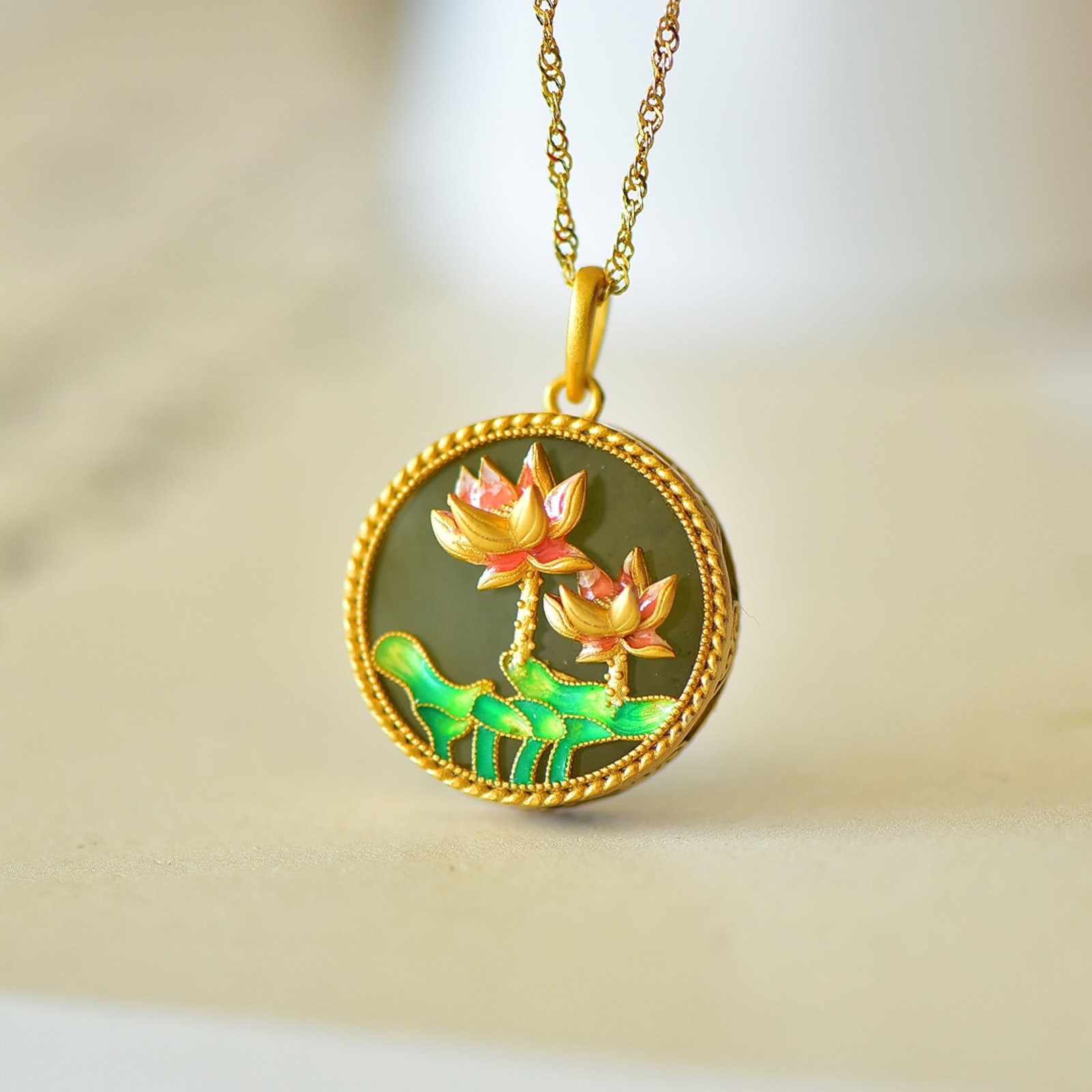 An Exquisite Sterling Silver-Gold Plated Inlaid Greenish Jade Enamel Pendant - 3