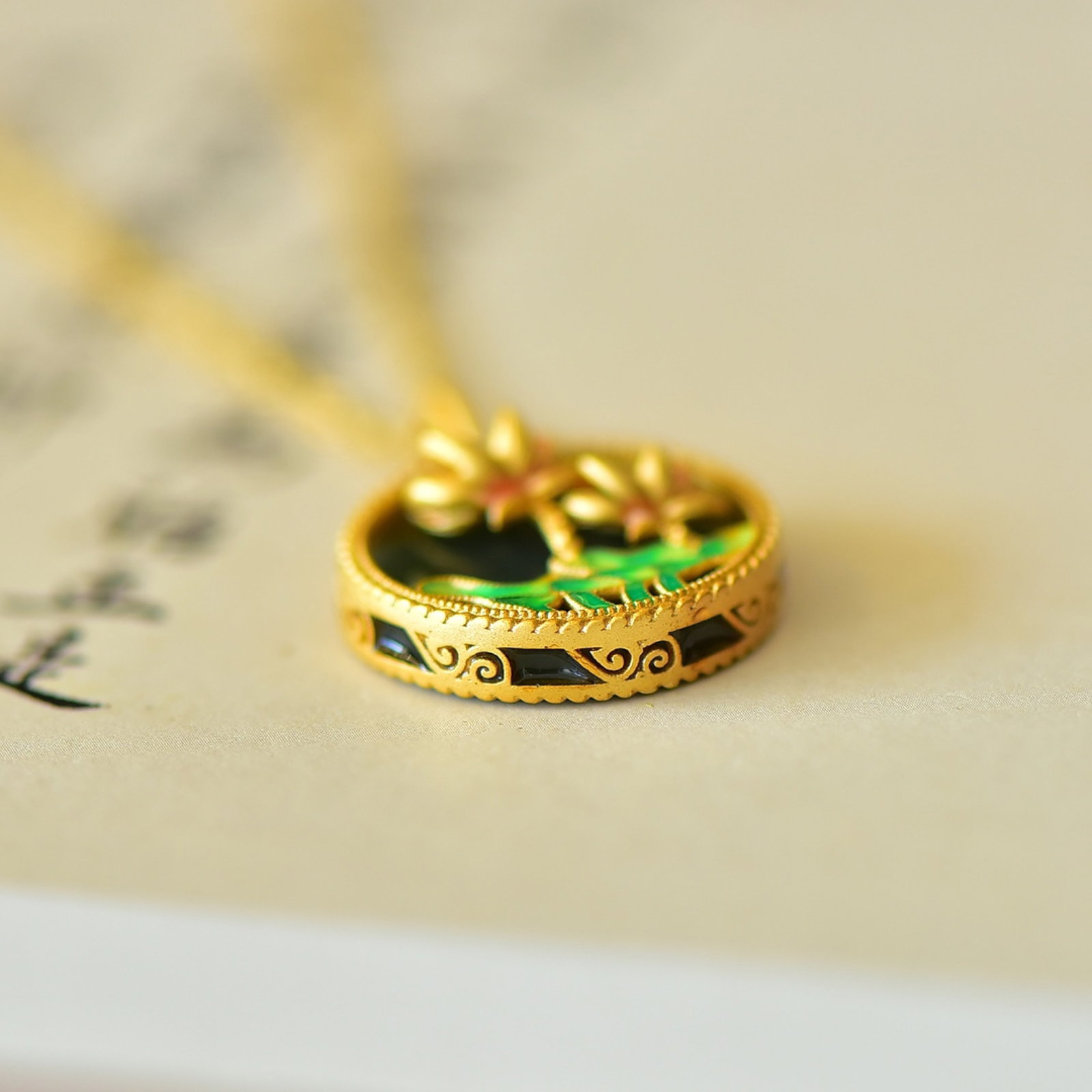 An Exquisite Sterling Silver-Gold Plated Inlaid Greenish Jade Enamel Pendant - 4