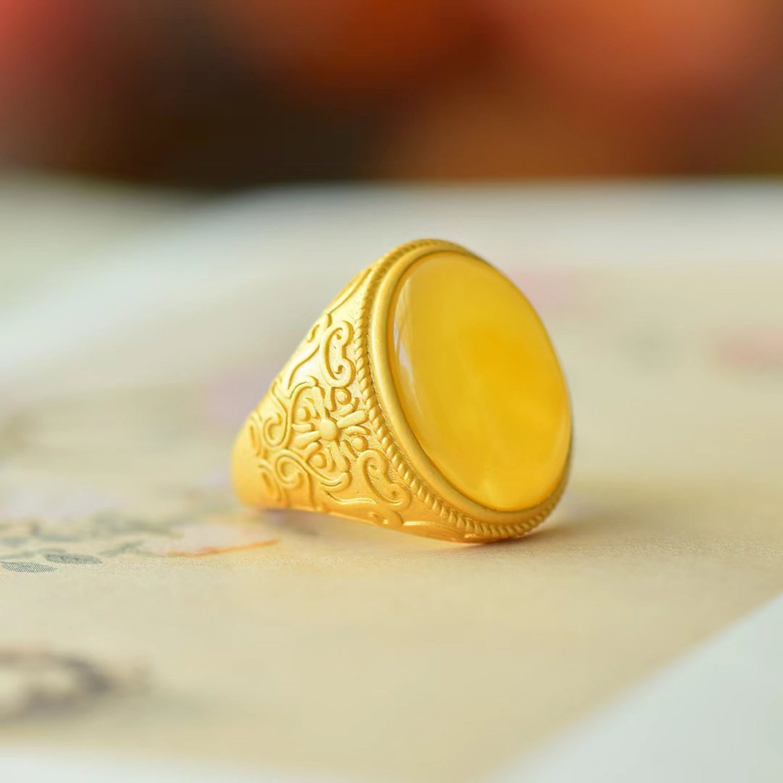An Exquisite Sterling Silver-Gold Plated Inlaid Amber Ring - 2